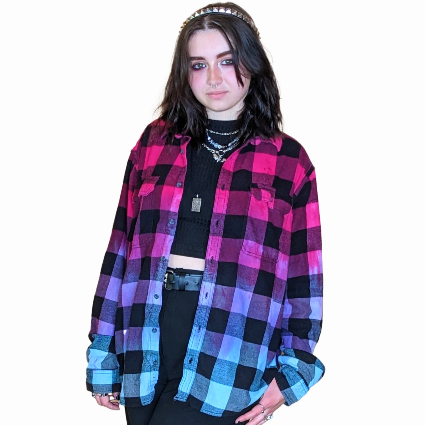 Women's Tie Dye Flannel - Oversized Hot Pink Purple Blue Color Fuse Buffalo Plaid Shirt