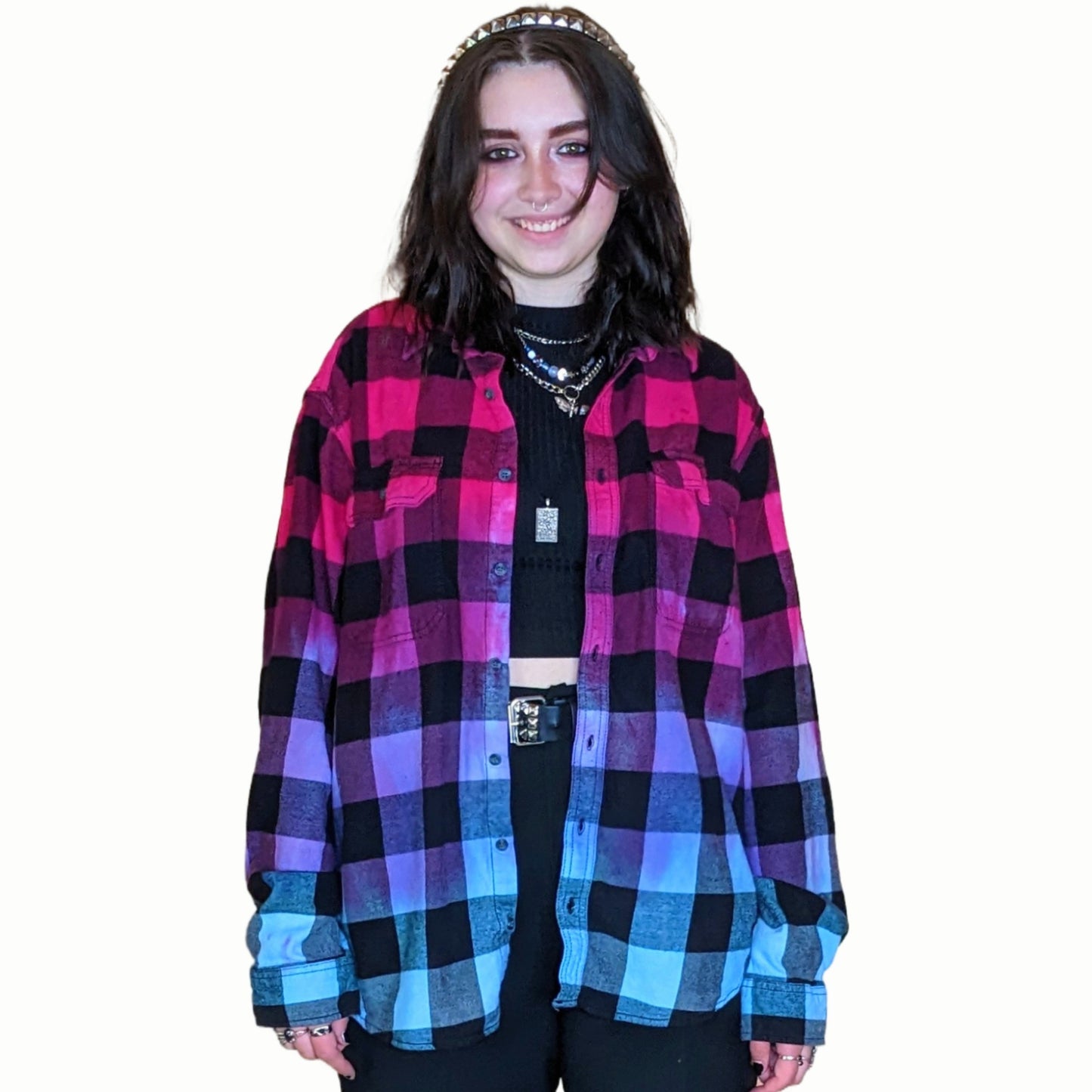 Women's Tie Dye Flannel - Oversized Hot Pink Purple Blue Color Fuse Buffalo Plaid Shirt