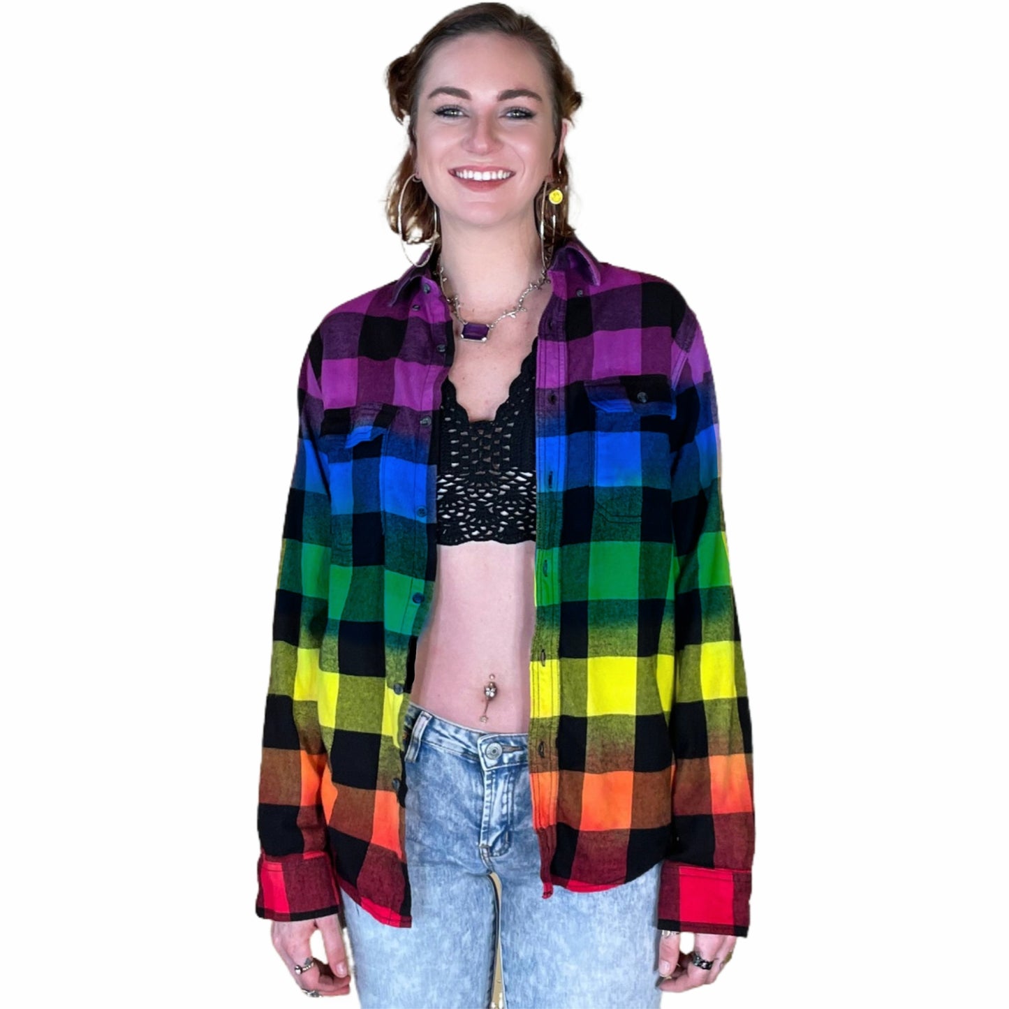 Tie Dye Rainbow Flannel - Purple Pride Flag Buffalo Plaid Shirt