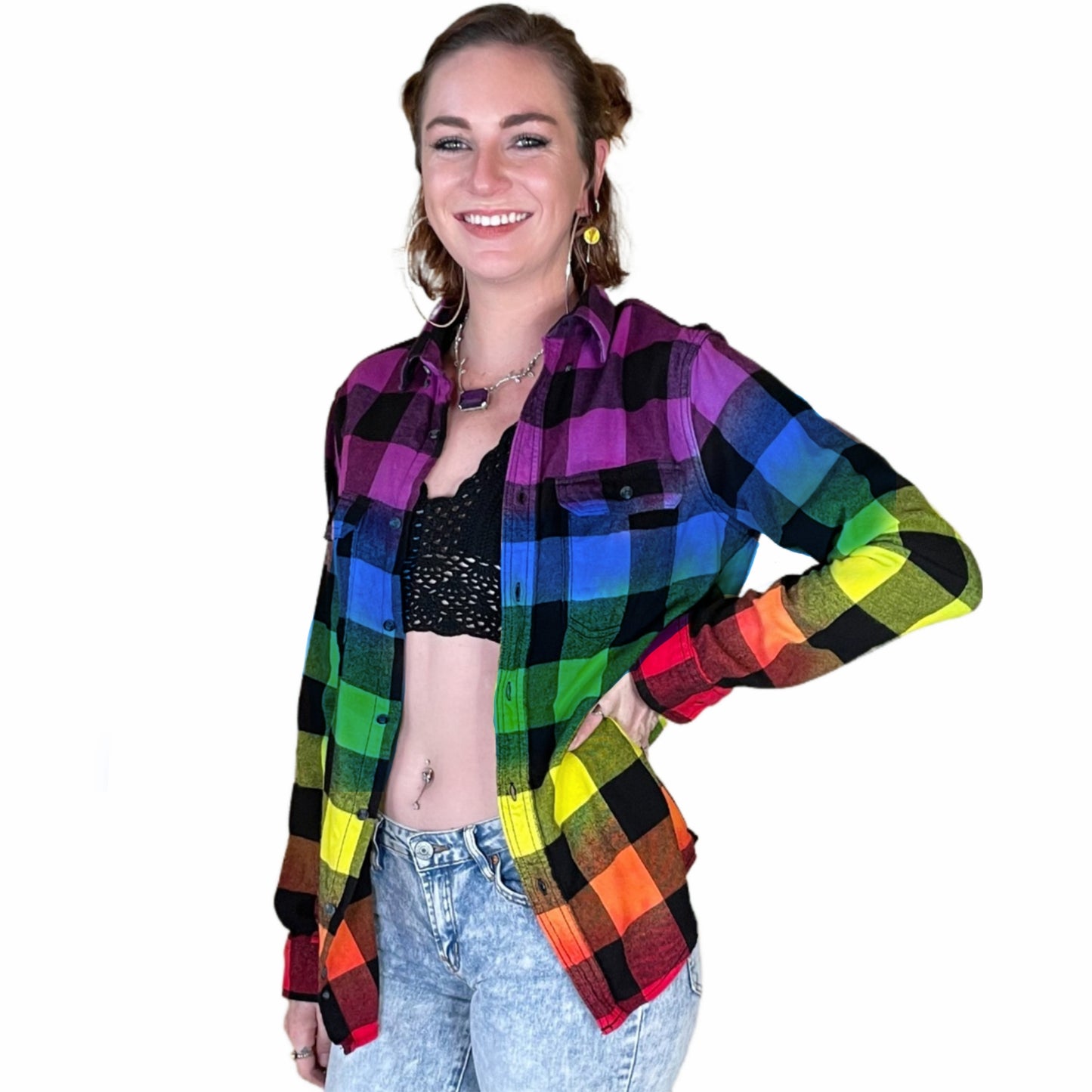 Tie Dye Rainbow Flannel - Purple Pride Flag Buffalo Plaid Shirt