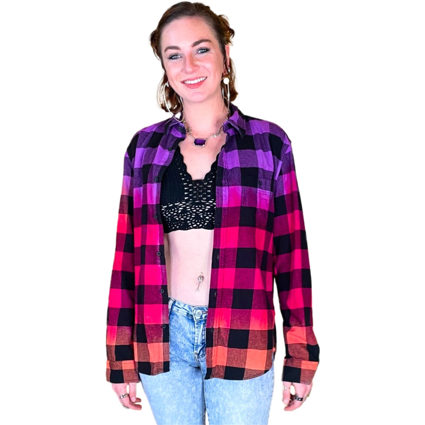 Oversized Purple Hot Pink Orange Flannel - Women's Tie Dye Color Fuse Buffalo Plaid Shirt