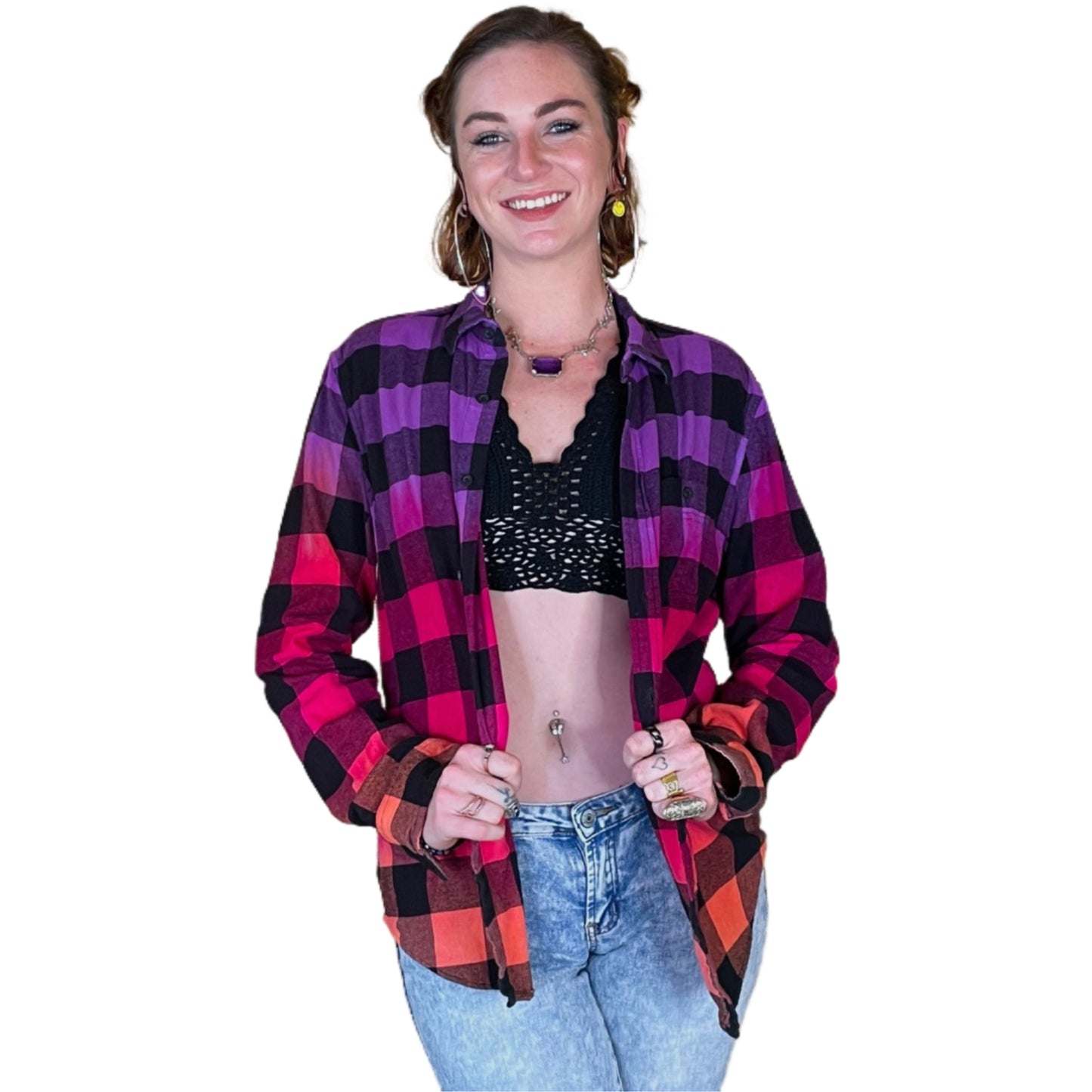 Oversized Purple Hot Pink Orange Flannel - Women's Tie Dye Color Fuse Buffalo Plaid Shirt