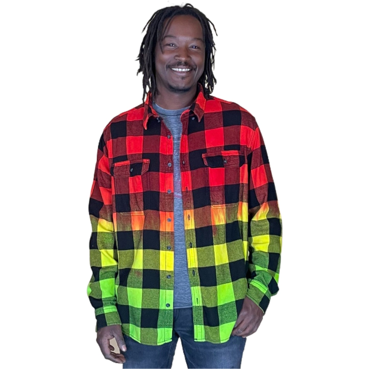 Men's Rasta Tie Dye Flannel - Custom Red Yellow Green Color Fuse Reggae Buffalo Plaid Shirt