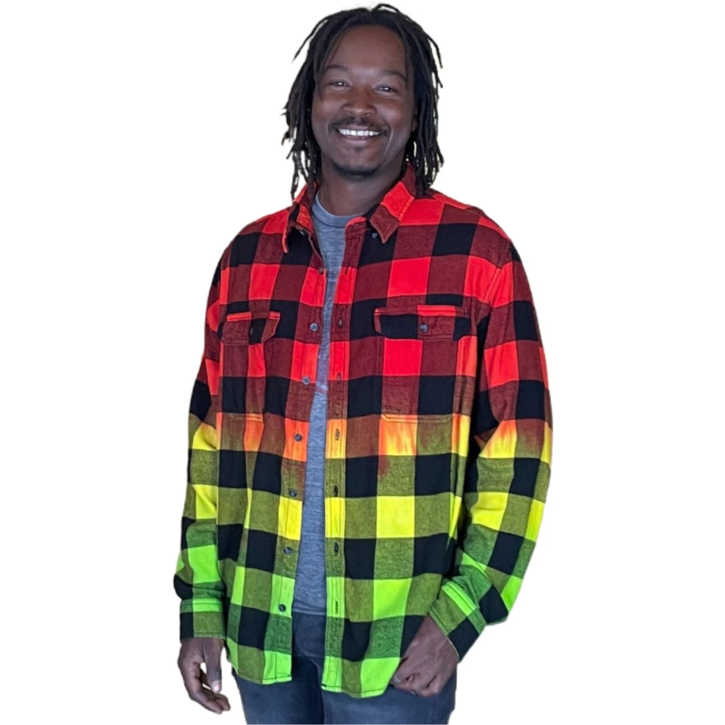 Men's Rasta Tie Dye Flannel - Custom Red Yellow Green Color Fuse Reggae Buffalo Plaid Shirt