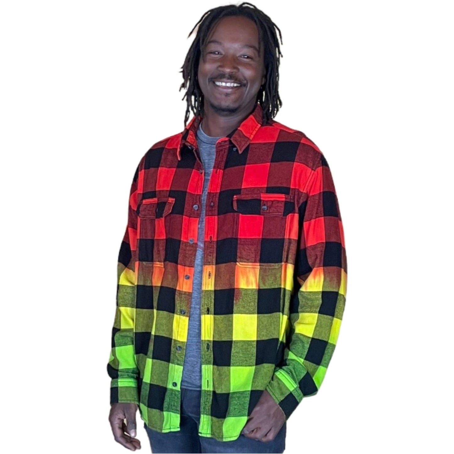 Men's Rasta Tie Dye Flannel - Custom Red Yellow Green Color Fuse Reggae Buffalo Plaid Shirt