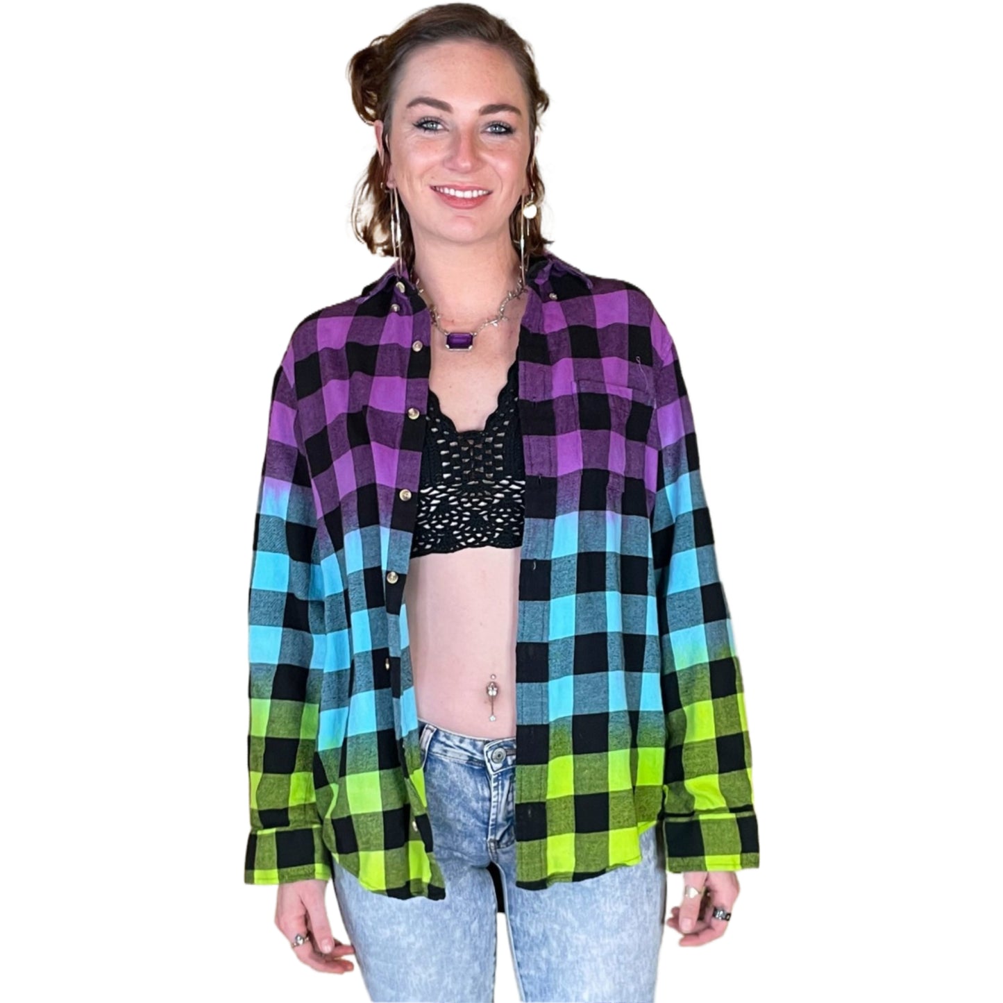 Oversized Tie Dye Flannel - Custom Purple Blue Green Color Fuse Buffalo Plaid Shirt