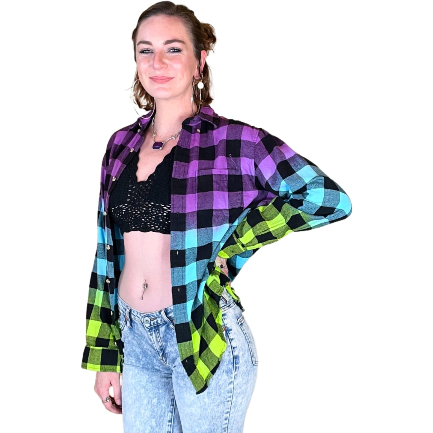 Oversized Tie Dye Flannel - Custom Purple Blue Green Color Fuse Buffalo Plaid Shirt