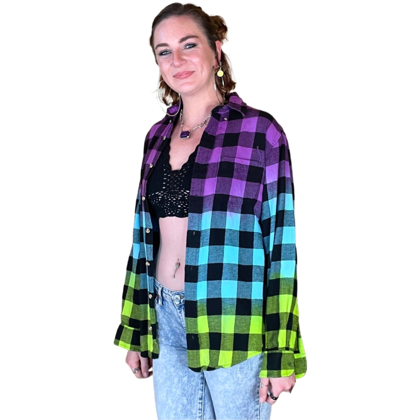 Oversized Tie Dye Flannel - Custom Purple Blue Green Color Fuse Buffalo Plaid Shirt