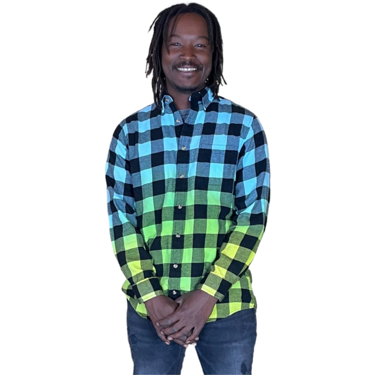 Men's Custom Cali Flannel - Tie Dye Neon Blue Green Yellow Color Fuse Buffalo Plaid Shirt