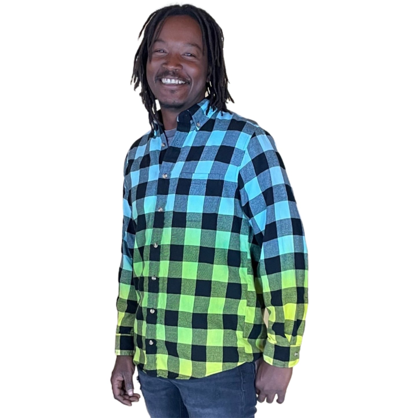 Men's Custom Cali Flannel - Tie Dye Neon Blue Green Yellow Color Fuse Buffalo Plaid Shirt