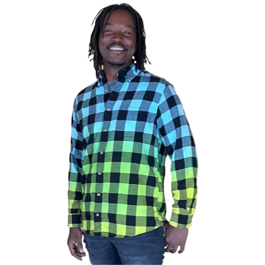 Men's Custom Cali Flannel - Tie Dye Neon Blue Green Yellow Color Fuse Buffalo Plaid Shirt