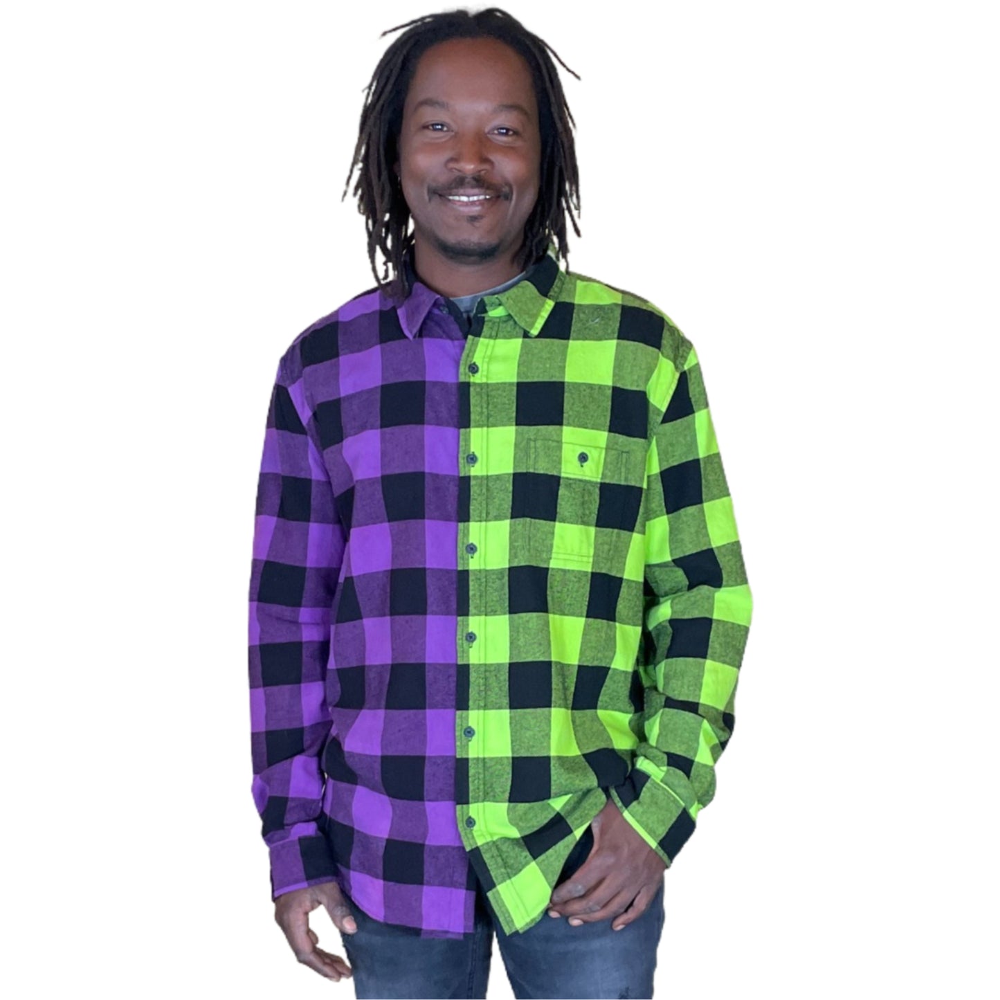 Men's Purple and Neon Green Flannel - Custom Tie Dye Color Split Buffalo Plaid Shirt