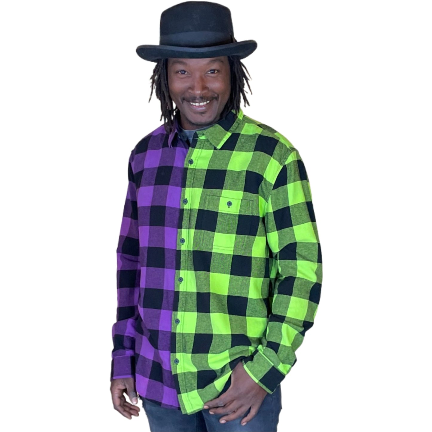 Men's Purple and Neon Green Flannel - Custom Tie Dye Color Split Buffalo Plaid Shirt