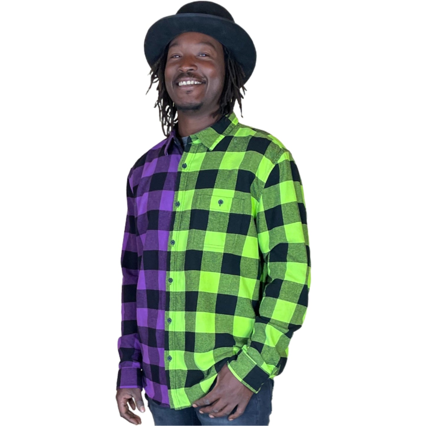 Men's Purple and Neon Green Flannel - Custom Tie Dye Color Split Buffalo Plaid Shirt