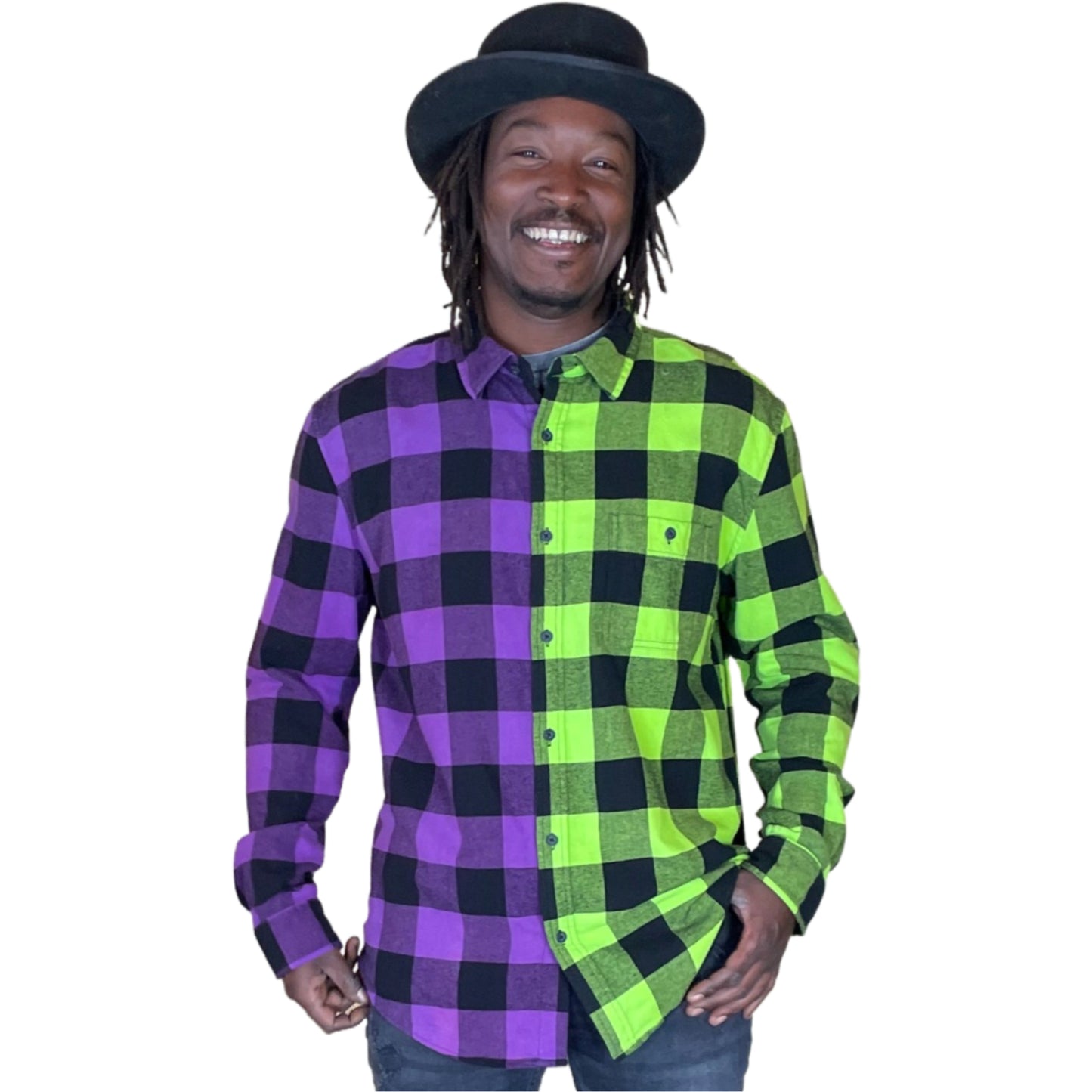 Men's Purple and Neon Green Flannel - Custom Tie Dye Color Split Buffalo Plaid Shirt