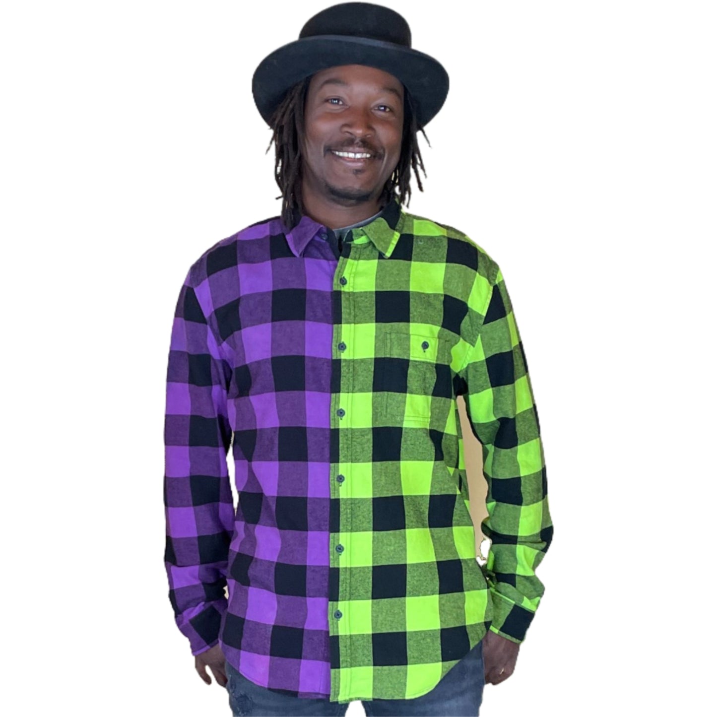 Men's Purple and Neon Green Flannel - Custom Tie Dye Color Split Buffalo Plaid Shirt