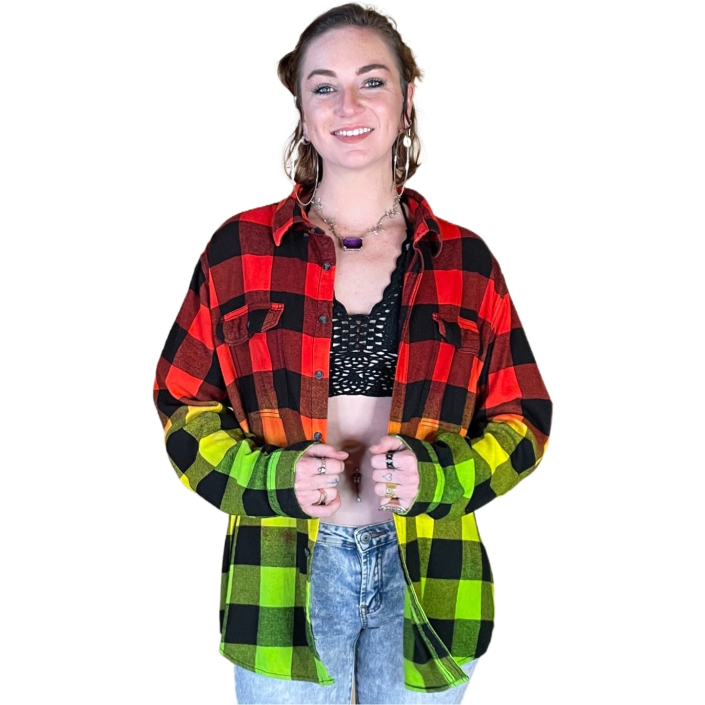 Rasta Tie Dye Flannel - Women's Red Yellow Green Oversized Reggae Buffalo Plaid Shirt