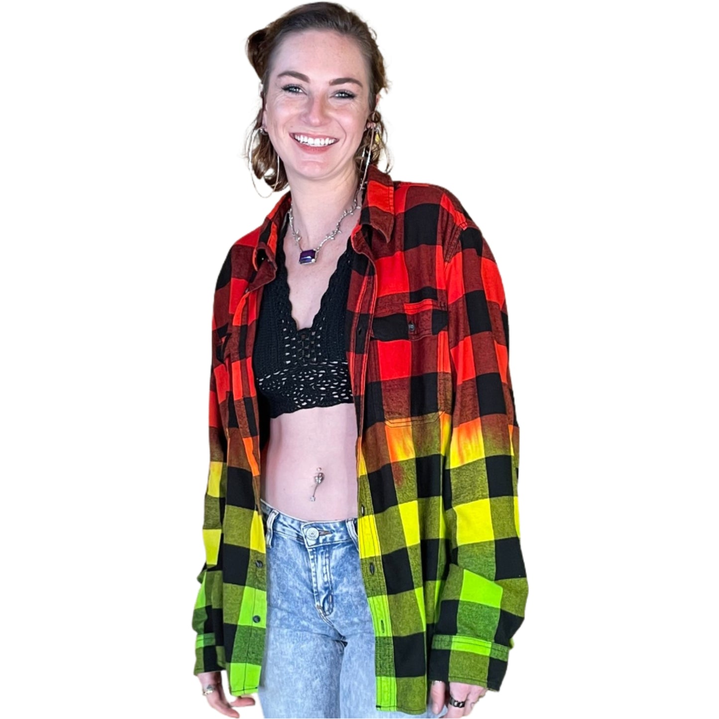 Rasta Tie Dye Flannel - Women's Red Yellow Green Oversized Reggae Buffalo Plaid Shirt