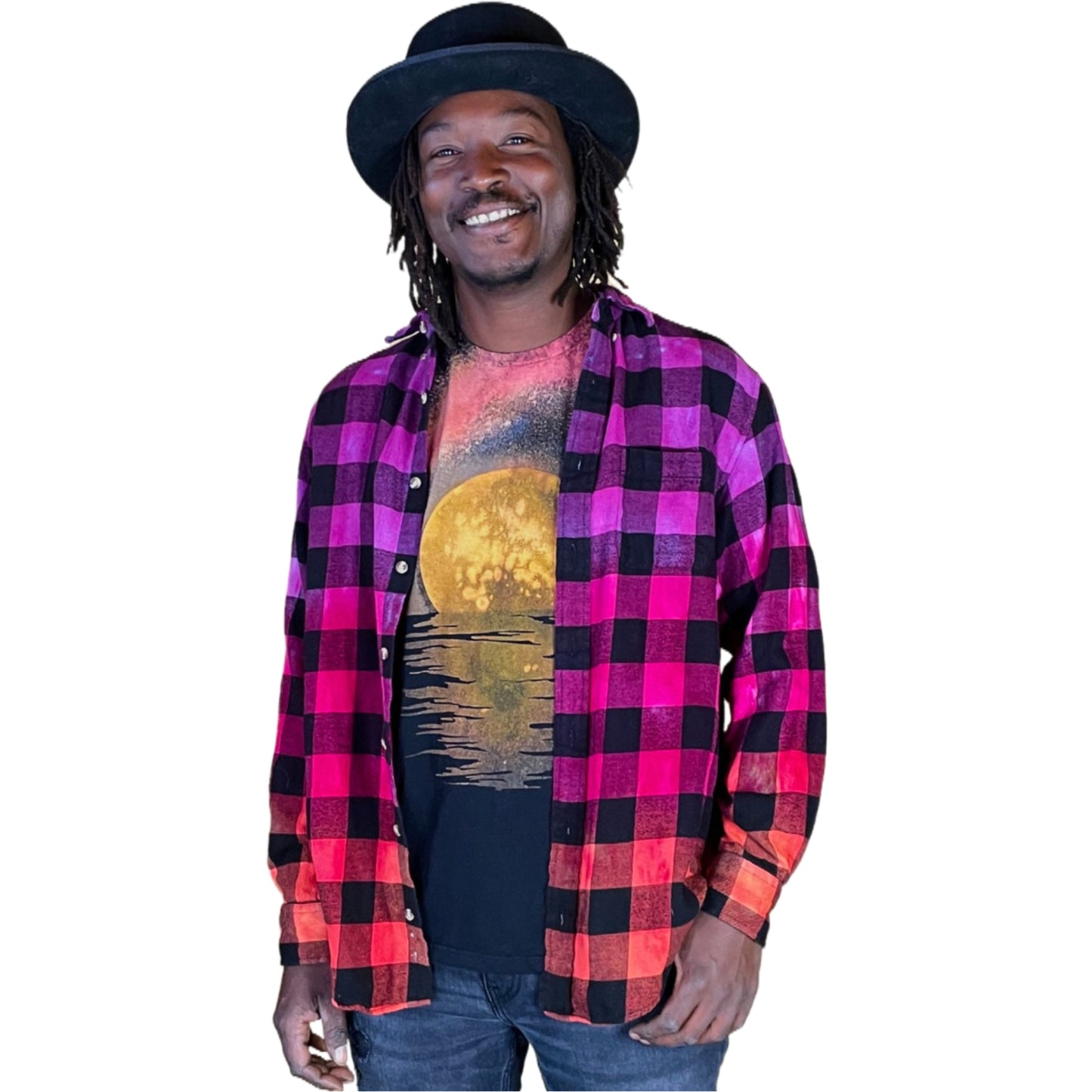 Men's Purple Pink Orange Flannel - Custom Tie Dye Color Fuse Buffalo Plaid Shirt