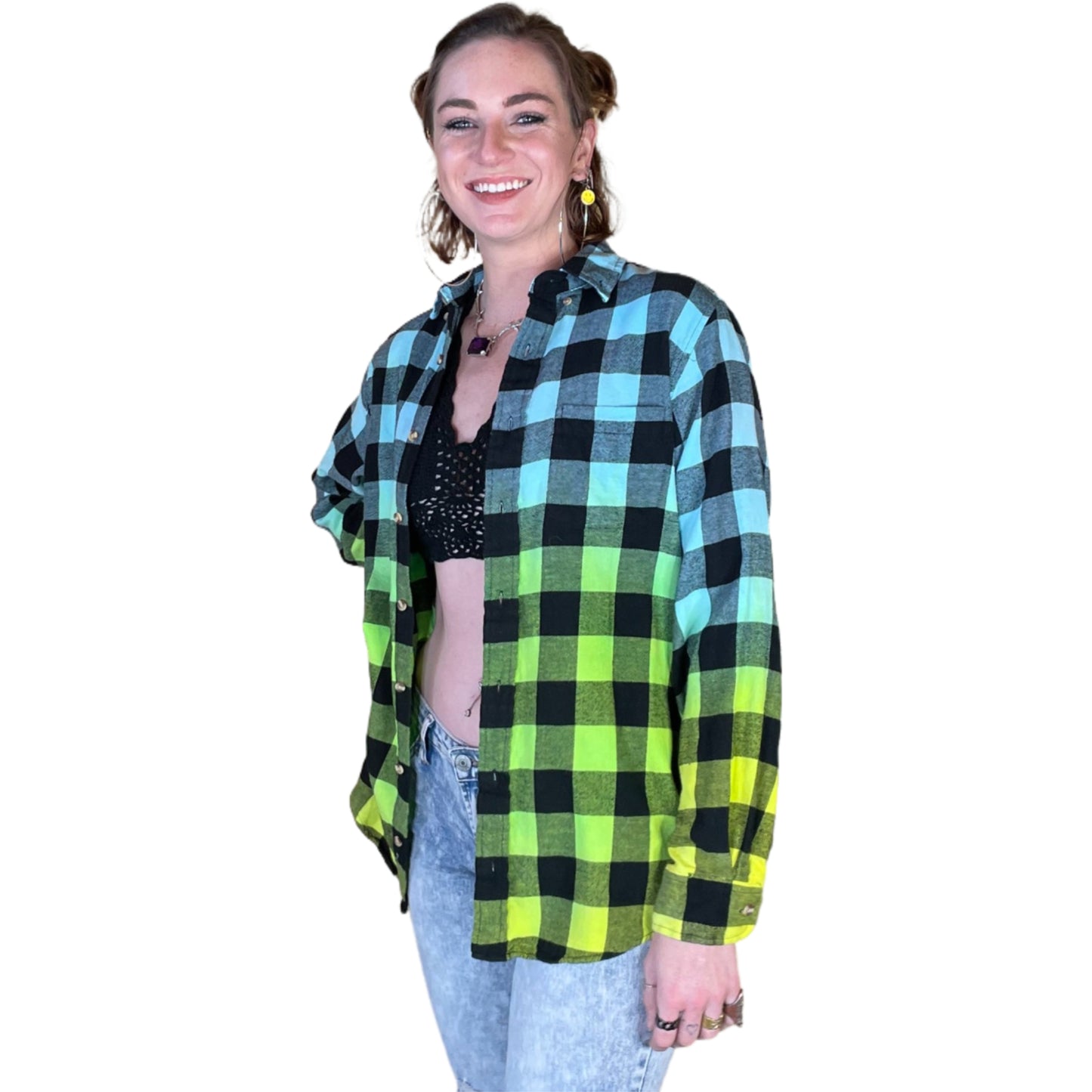 Oversized Tie Dye Cali Flannel - Custom Neon Blue Green Yellow Color Fuse Buffalo Plaid Shirt