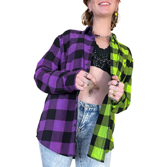 Women's Purple and Neon Green Flannel - Custom Tie Dye Color Split Buffalo Plaid Shirt