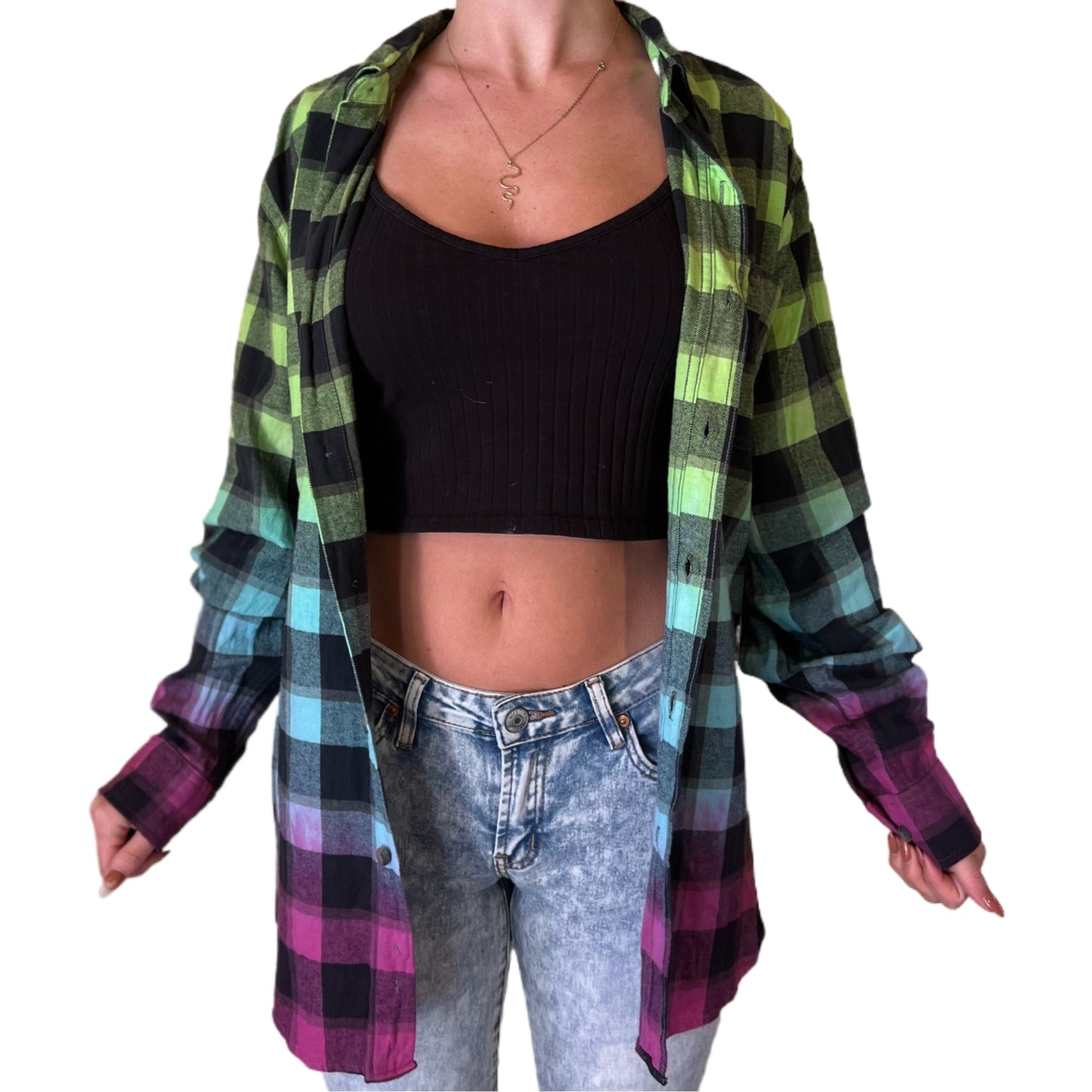 Oversized Tie Dye Flannel - Custom Green Blue Purple Color Fuse Buffalo Plaid Shirt