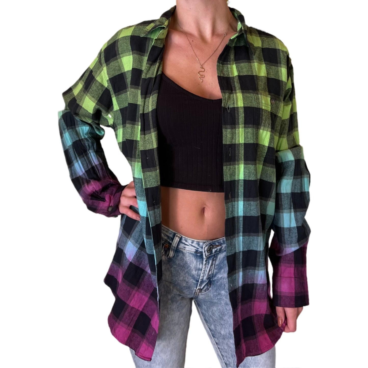 Oversized Tie Dye Flannel - Custom Green Blue Purple Color Fuse Buffalo Plaid Shirt