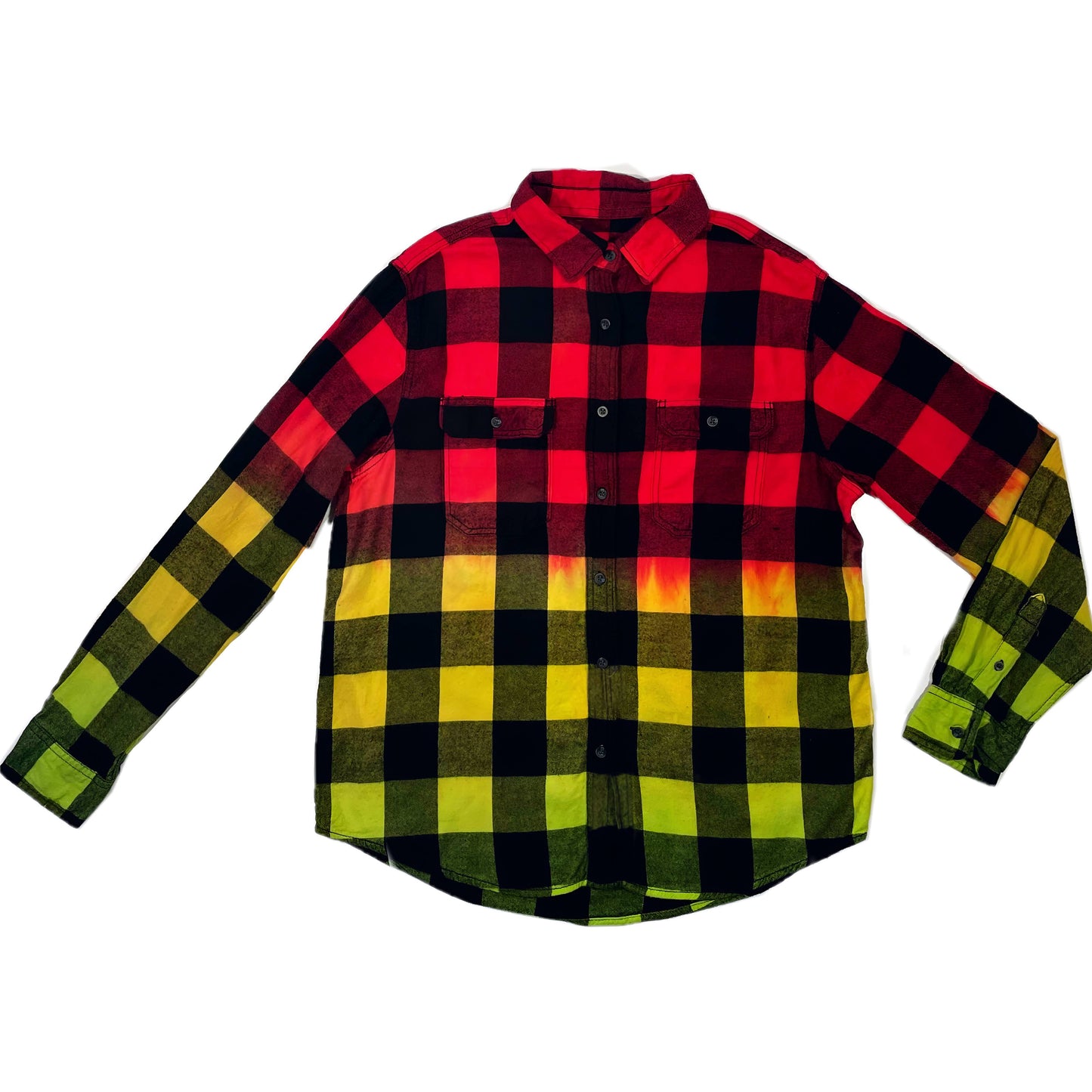 Rasta Tie Dye Flannel - Women's Red Yellow Green Oversized Reggae Buffalo Plaid Shirt