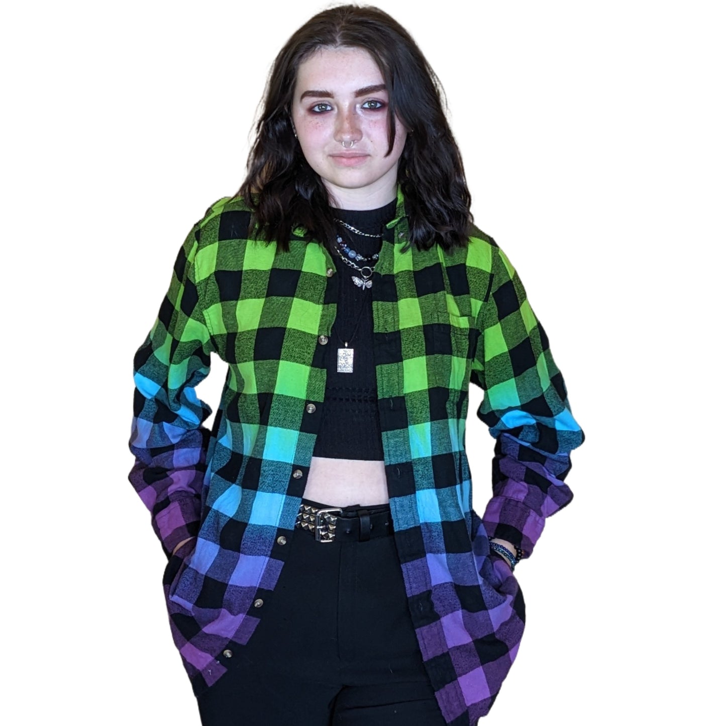 Oversized Tie Dye Flannel - Custom Green Blue Purple Color Fuse Buffalo Plaid Shirt