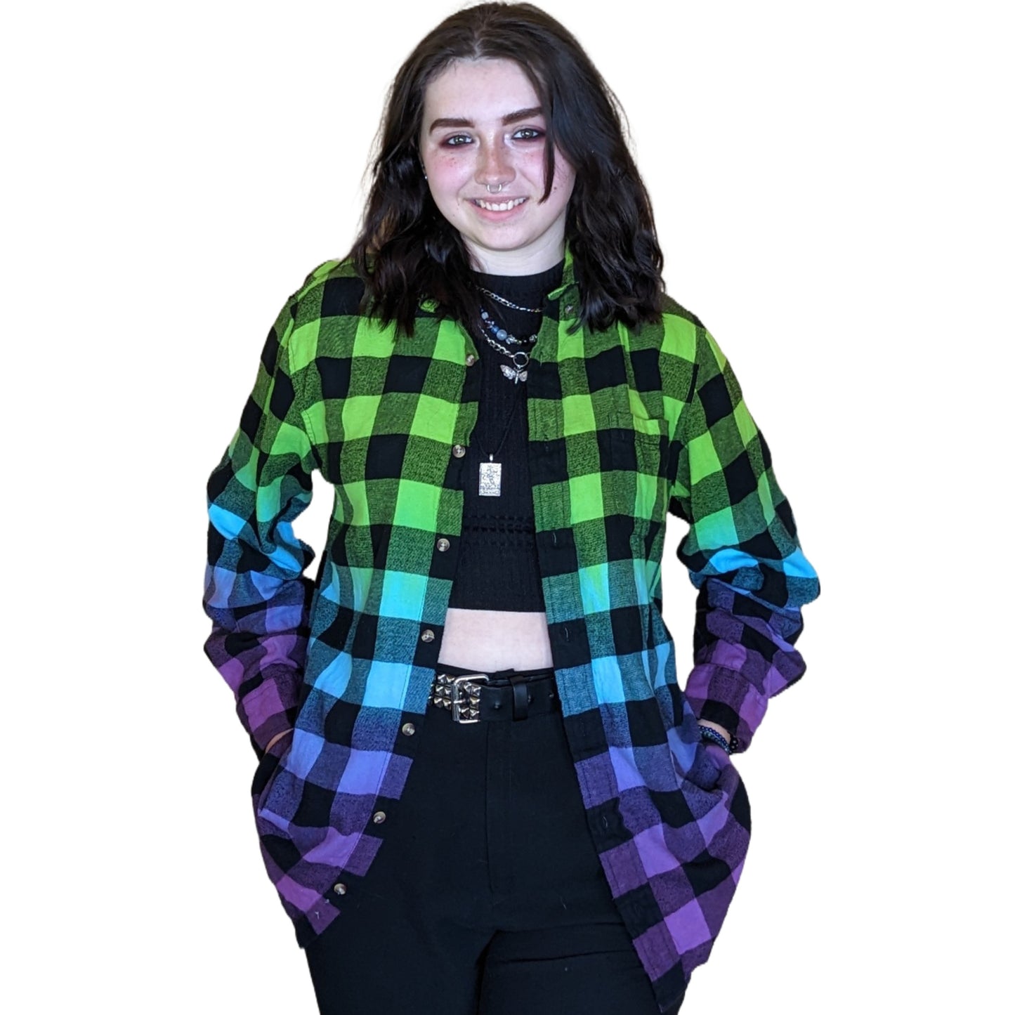 Oversized Tie Dye Flannel - Custom Green Blue Purple Color Fuse Buffalo Plaid Shirt