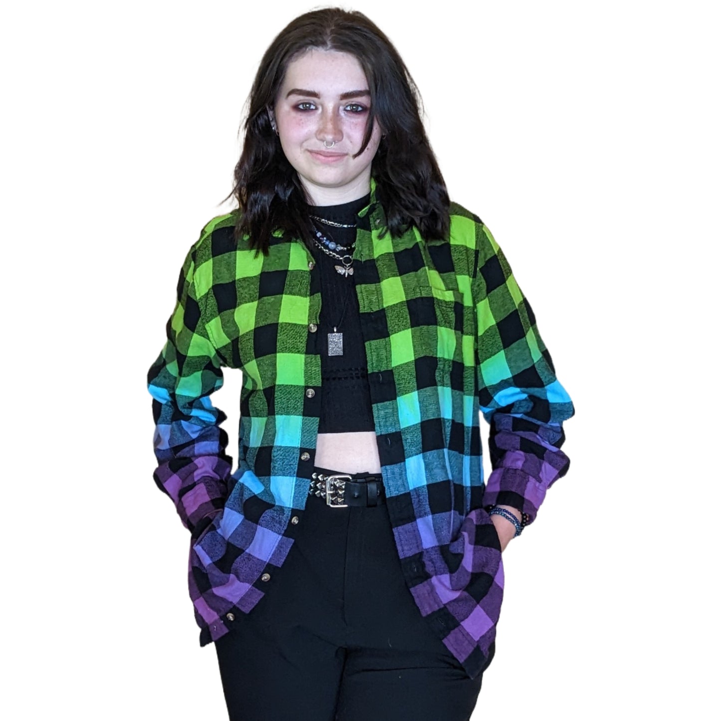 Oversized Tie Dye Flannel - Custom Green Blue Purple Color Fuse Buffalo Plaid Shirt