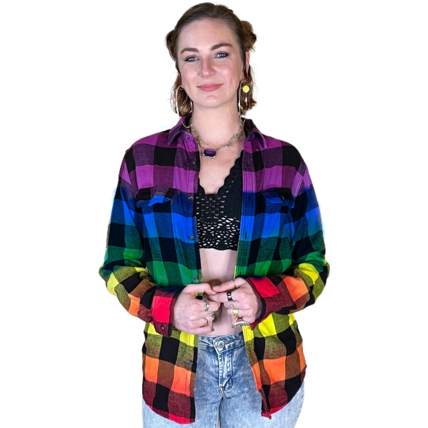 Tie Dye Rainbow Flannel - Purple Pride Flag Buffalo Plaid Shirt