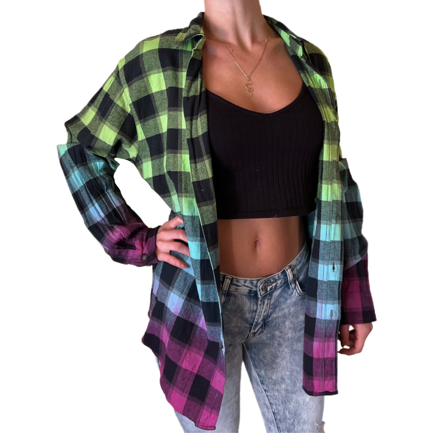 Oversized Tie Dye Flannel - Custom Green Blue Purple Color Fuse Buffalo Plaid Shirt