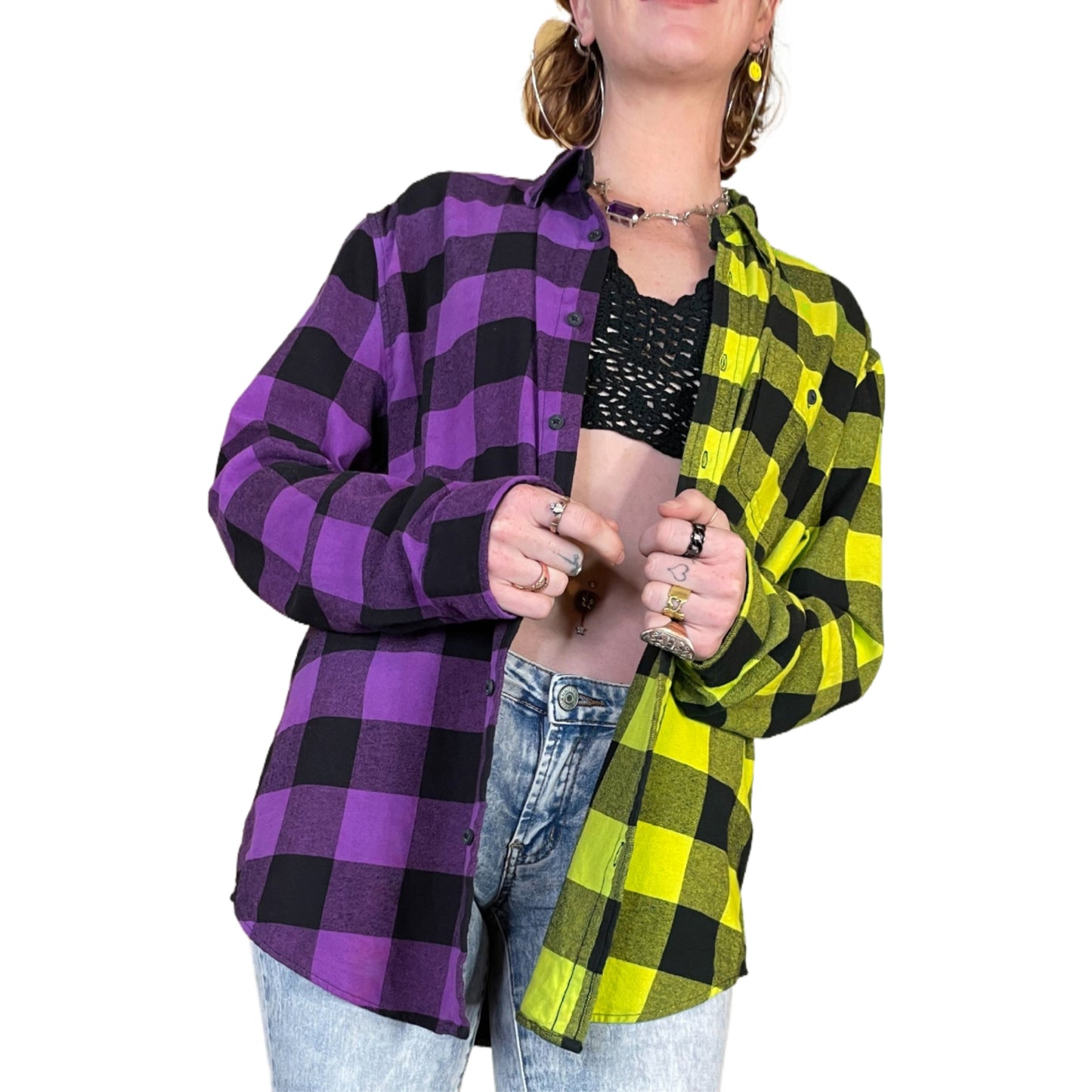 Men's Purple and Neon Yellow Flannel - Custom Tie Dye Color Split Buffalo Plaid Shirt