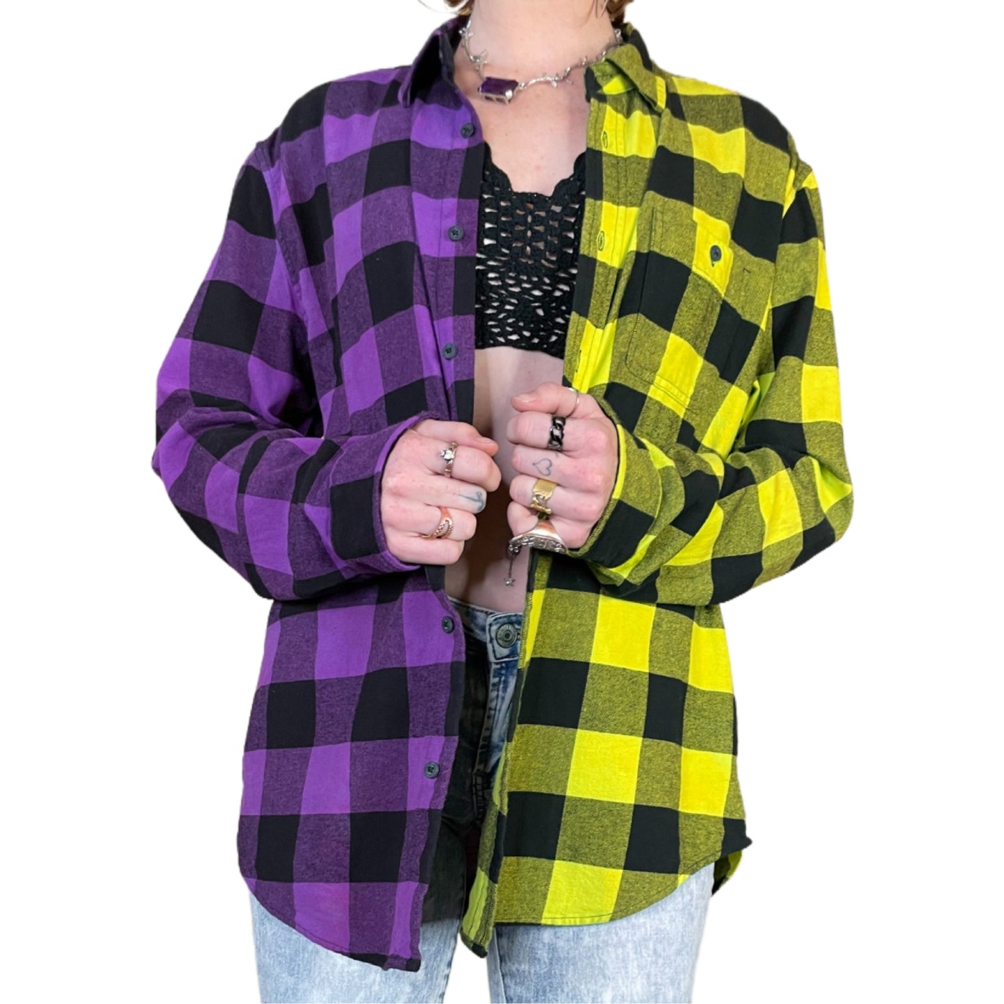 Purple and Neon Yellow Flannel - Women's Tie Dye Color Split Buffalo Plaid Shirt