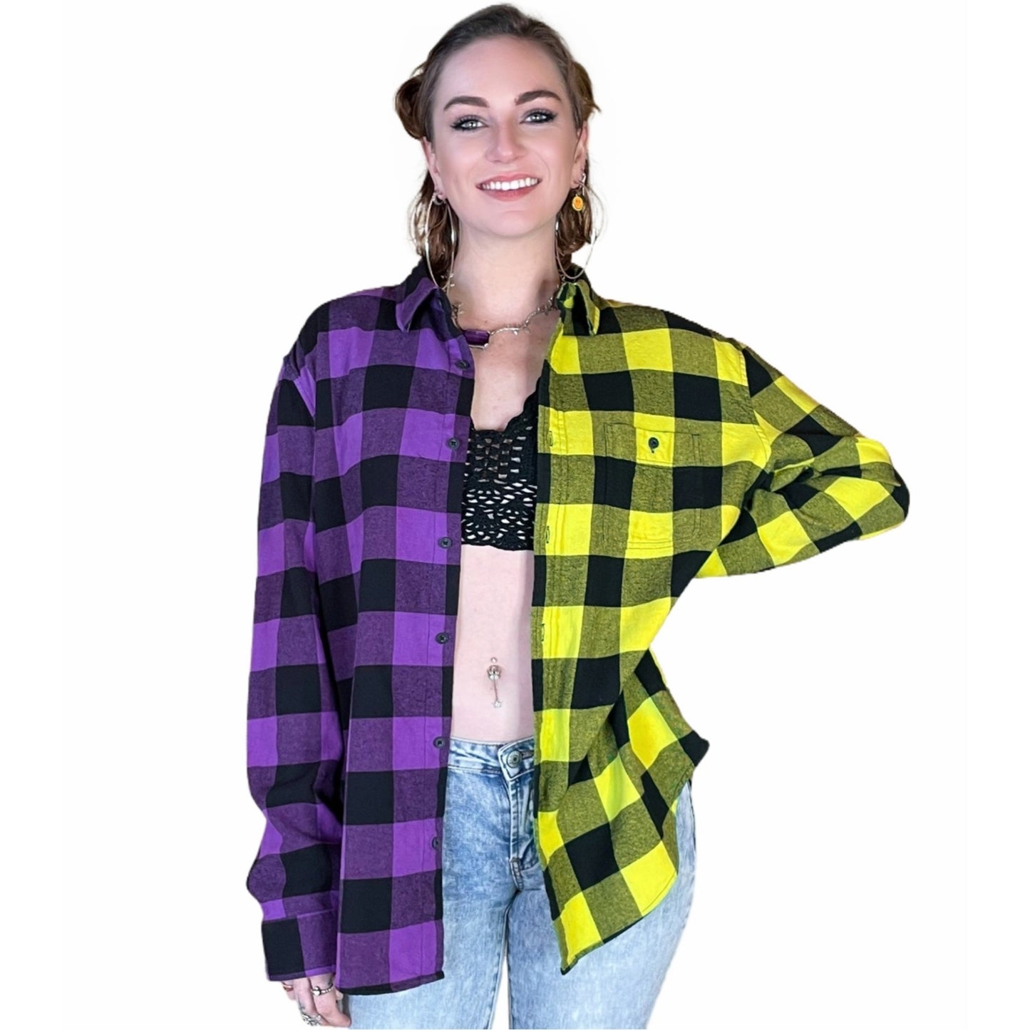 Men's Purple and Neon Yellow Flannel - Custom Tie Dye Color Split Buffalo Plaid Shirt