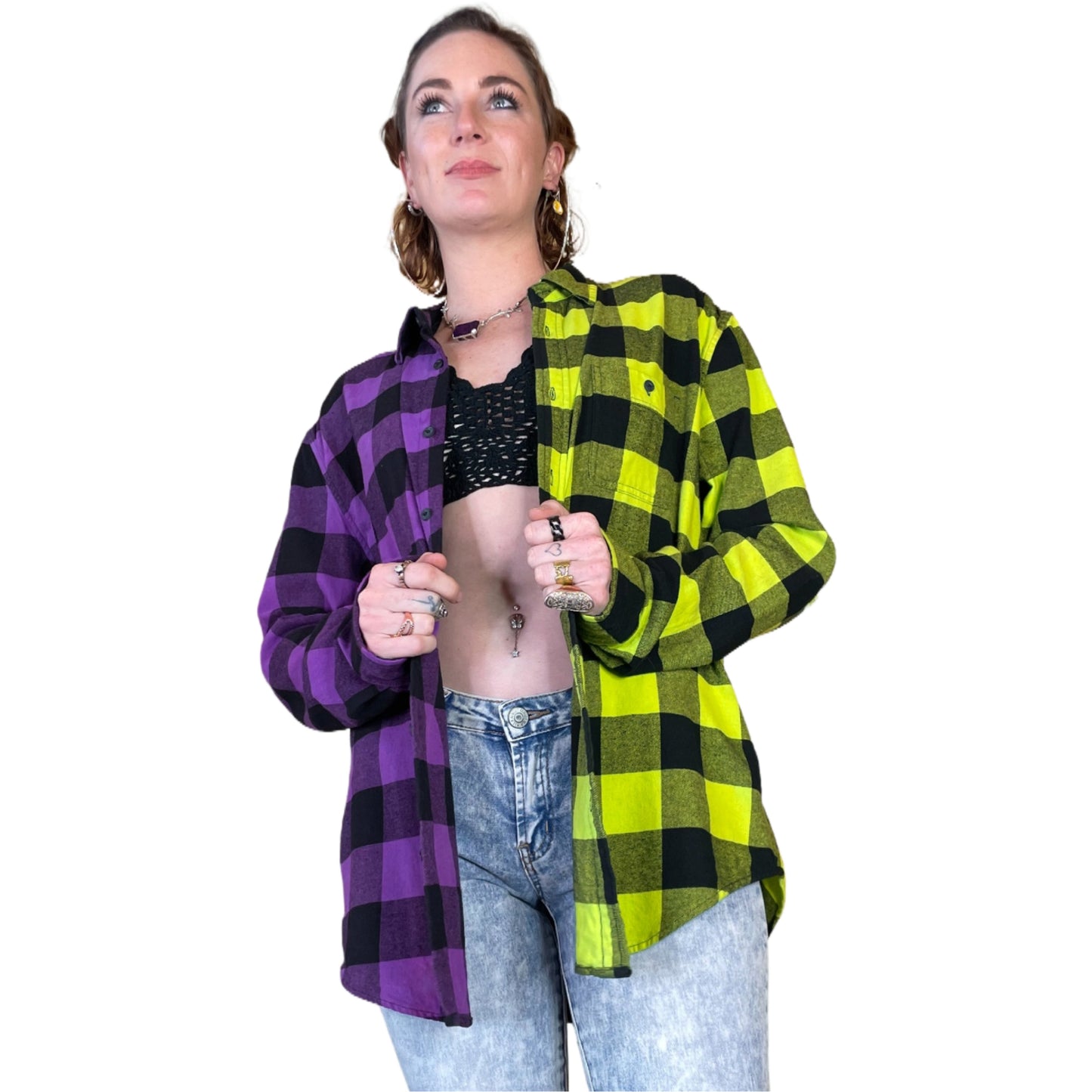 Purple and Neon Yellow Flannel - Women's Tie Dye Color Split Buffalo Plaid Shirt