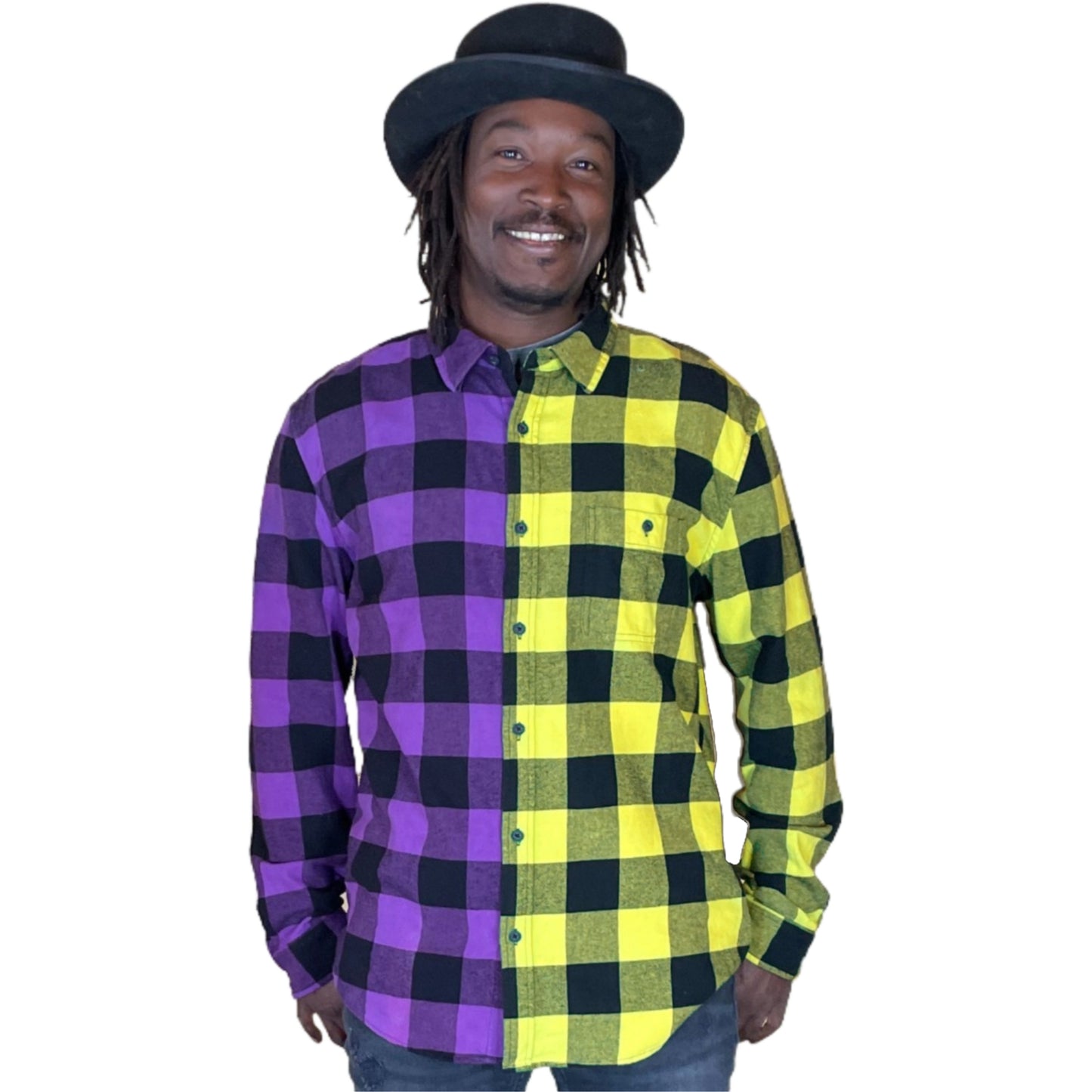 Men's Purple and Neon Yellow Flannel - Custom Tie Dye Color Split Buffalo Plaid Shirt