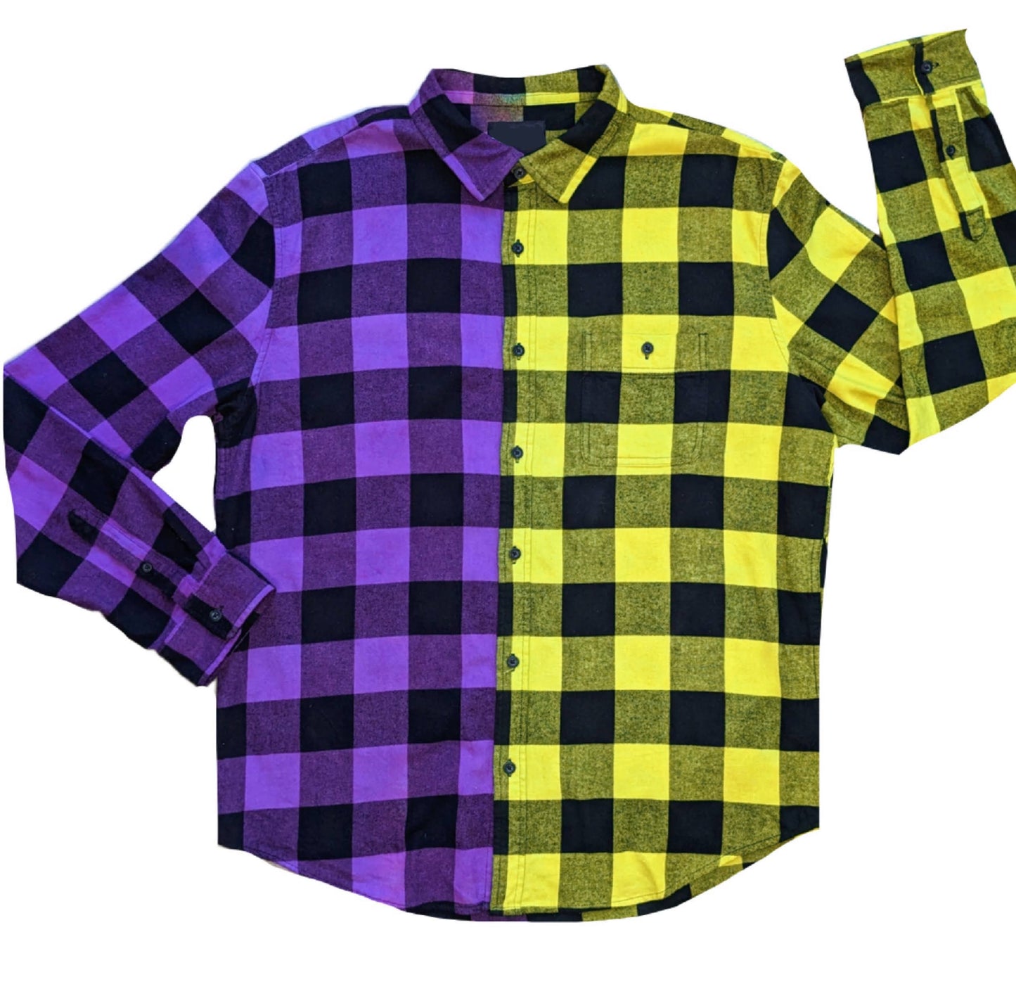 Men's Purple and Neon Yellow Flannel - Custom Tie Dye Color Split Buffalo Plaid Shirt