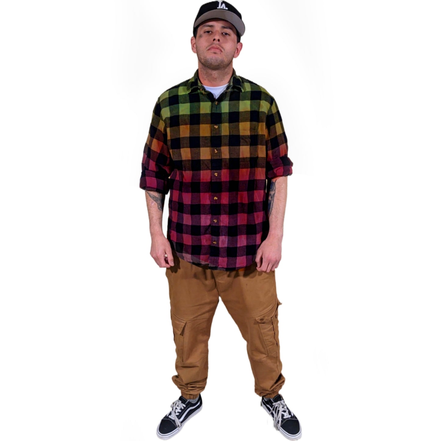 Men's Grunge Flannel - Earth Tone Tie Dye Rasta Buffalo Plaid Shirt