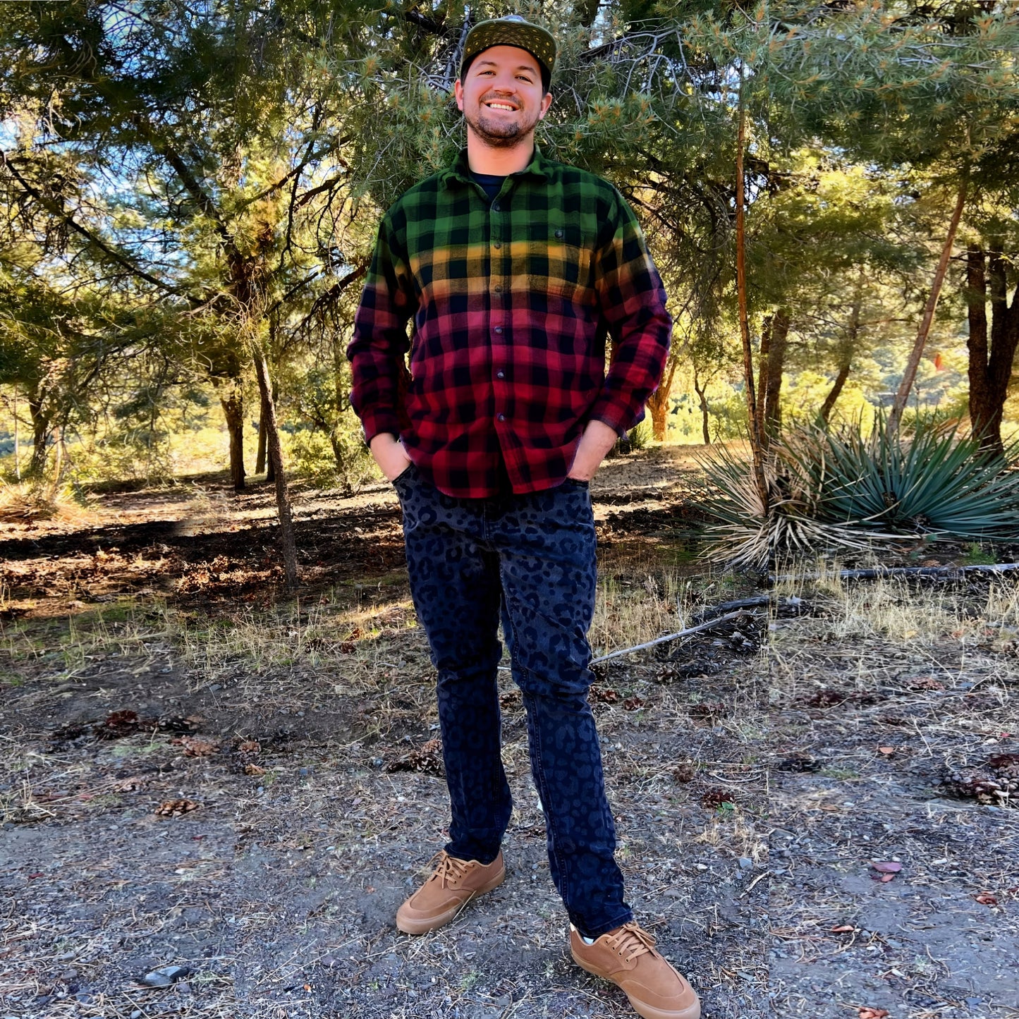 Men's Grunge Flannel - Earth Tone Tie Dye Rasta Buffalo Plaid Shirt