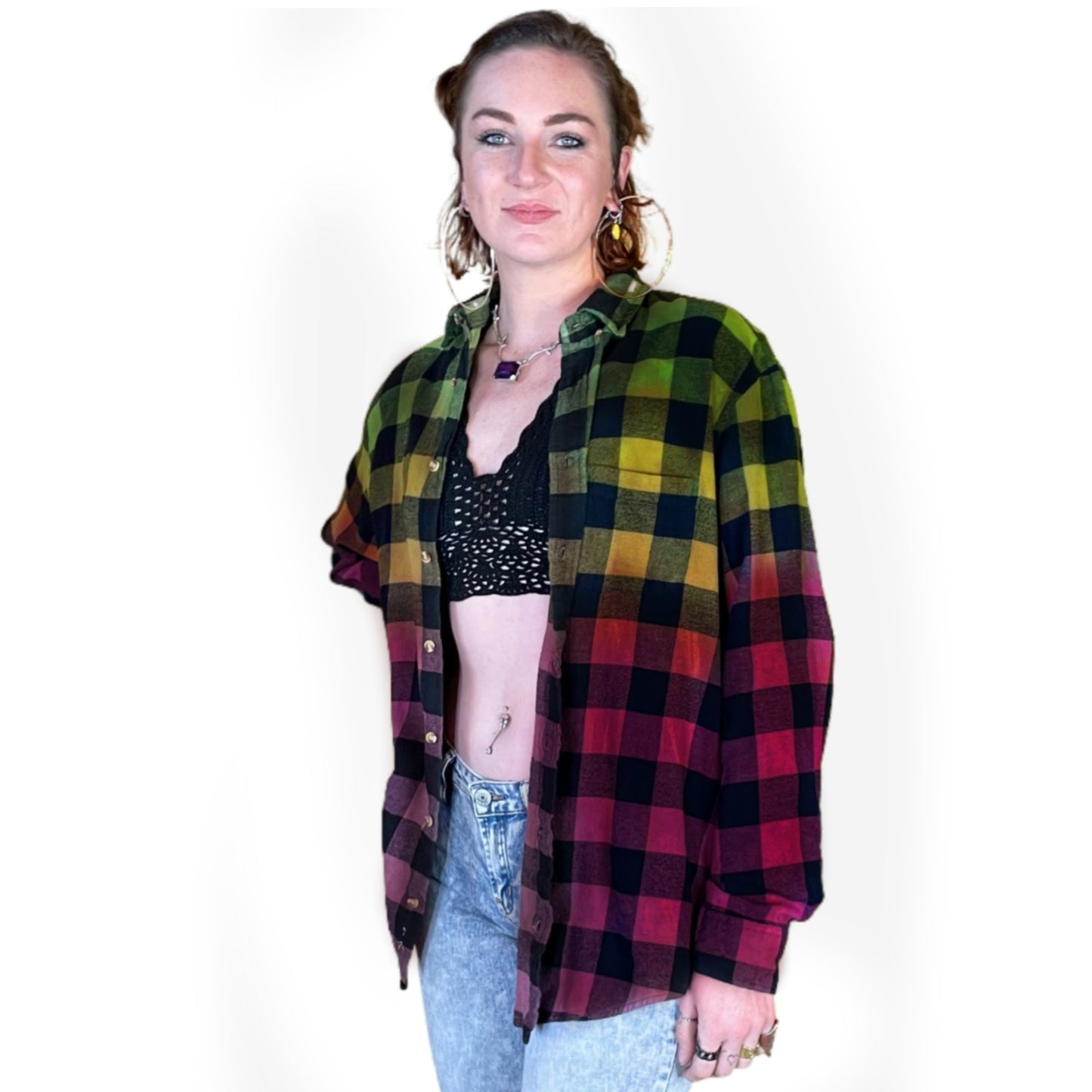 Oversized Grunge Flannel - Earth Tone Tie Dye Rasta Buffalo Plaid Shirt