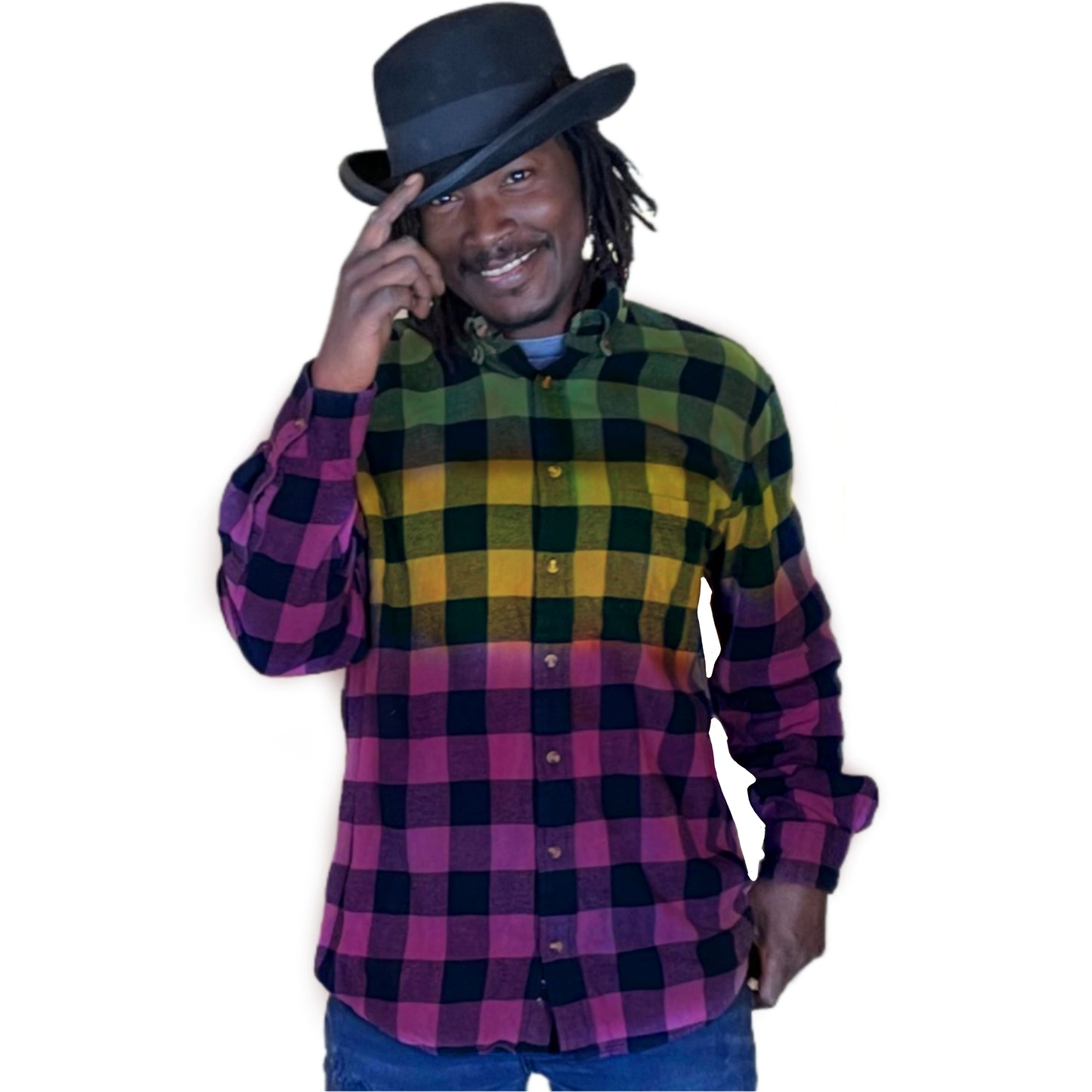 Oversized Grunge Flannel - Earth Tone Tie Dye Rasta Buffalo Plaid Shirt