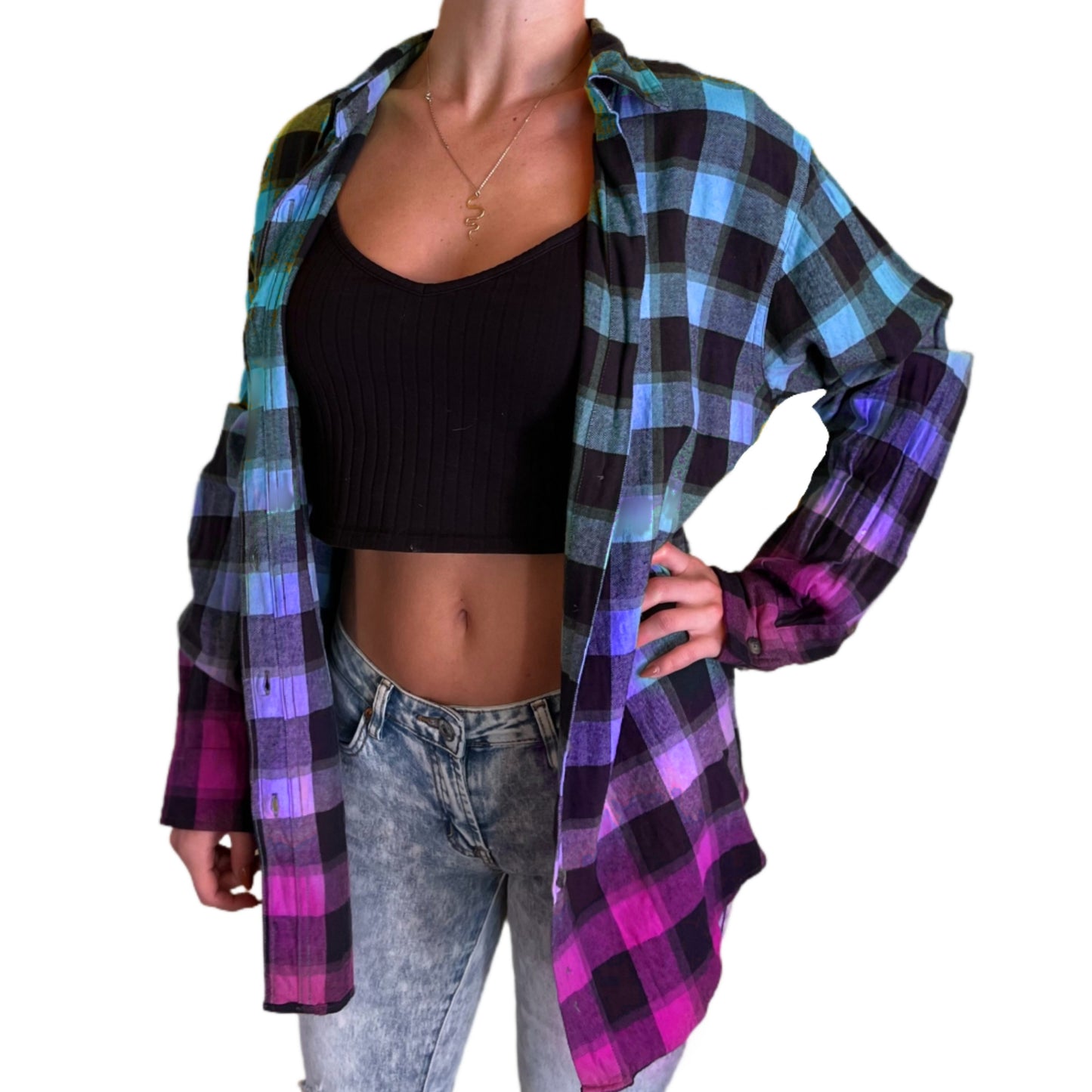 Oversized Blue Purple Hot Pink Flannel - Women's Gradient Color Fuse Buffalo Plaid Shirt