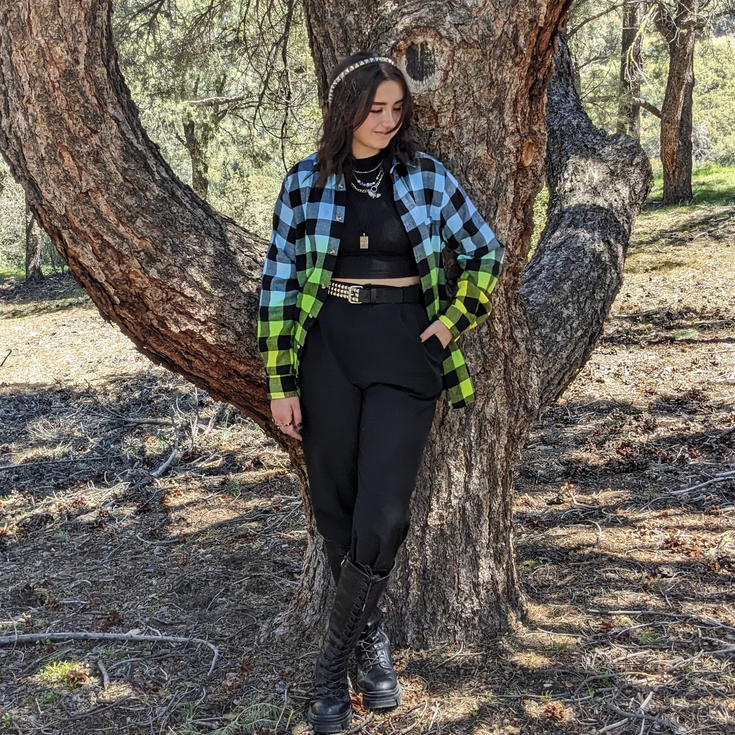 Oversized Tie Dye Cali Flannel - Custom Neon Blue Green Yellow Color Fuse Buffalo Plaid Shirt