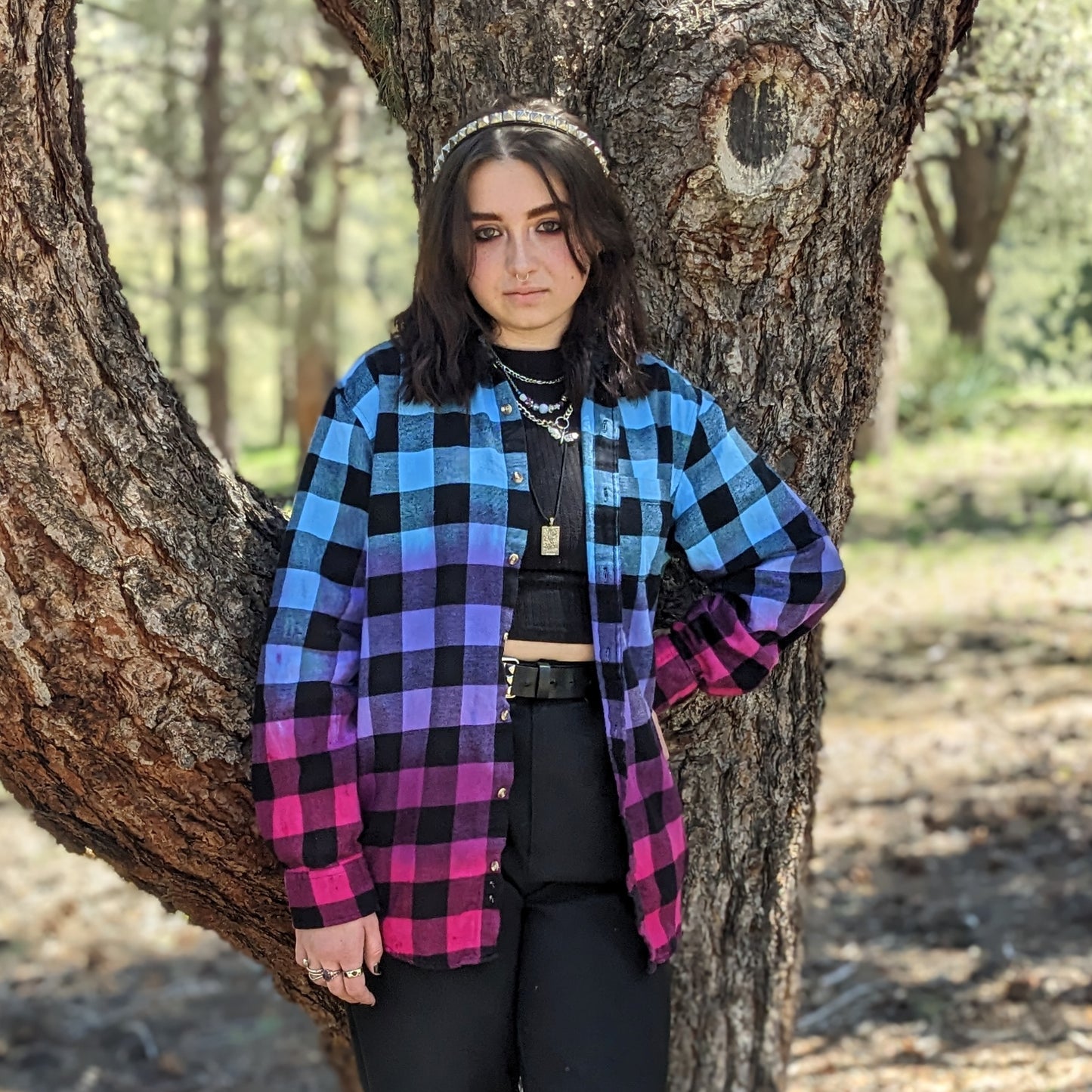 Oversized Blue Purple Hot Pink Flannel - Women's Gradient Color Fuse Buffalo Plaid Shirt