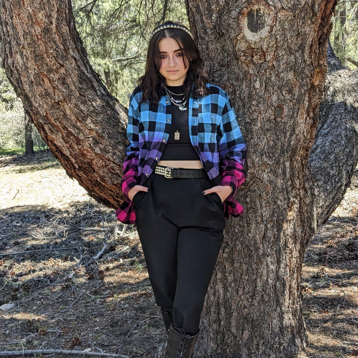 Oversized Blue Purple Hot Pink Flannel - Women's Gradient Color Fuse Buffalo Plaid Shirt