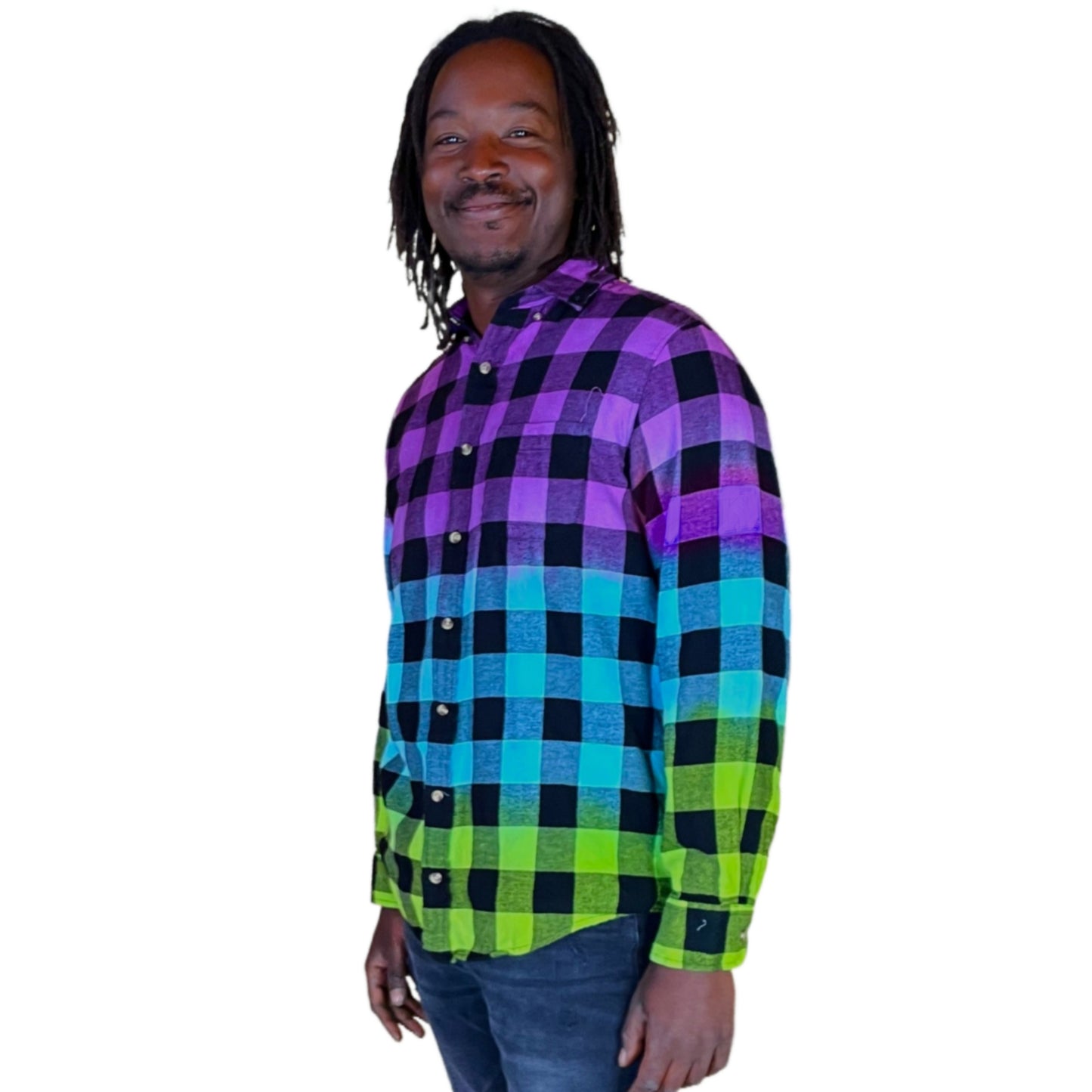 Men's Custom Purple Blue Green Flannel - Tie Dye Color Fuse Buffalo Plaid Shirt