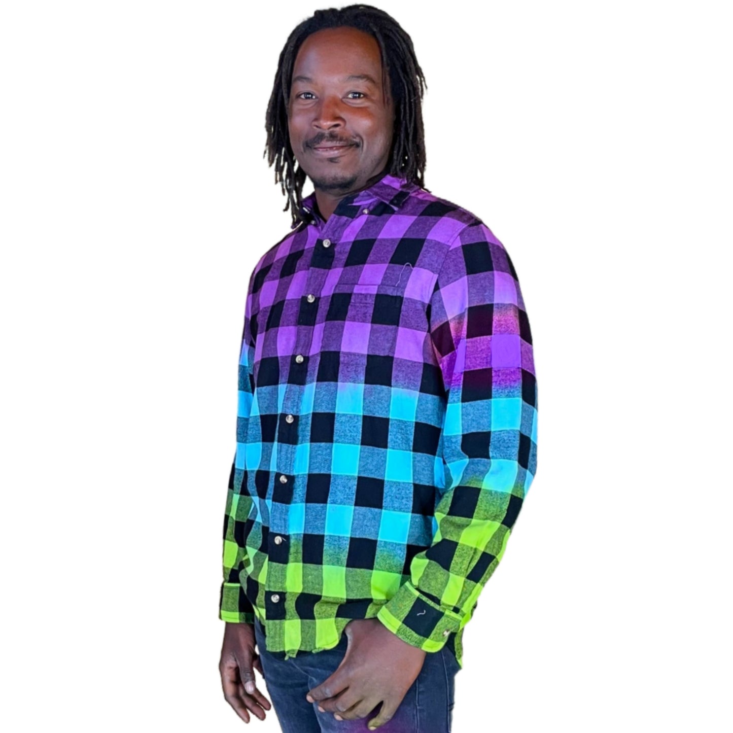 Men's Custom Purple Blue Green Flannel - Tie Dye Color Fuse Buffalo Plaid Shirt