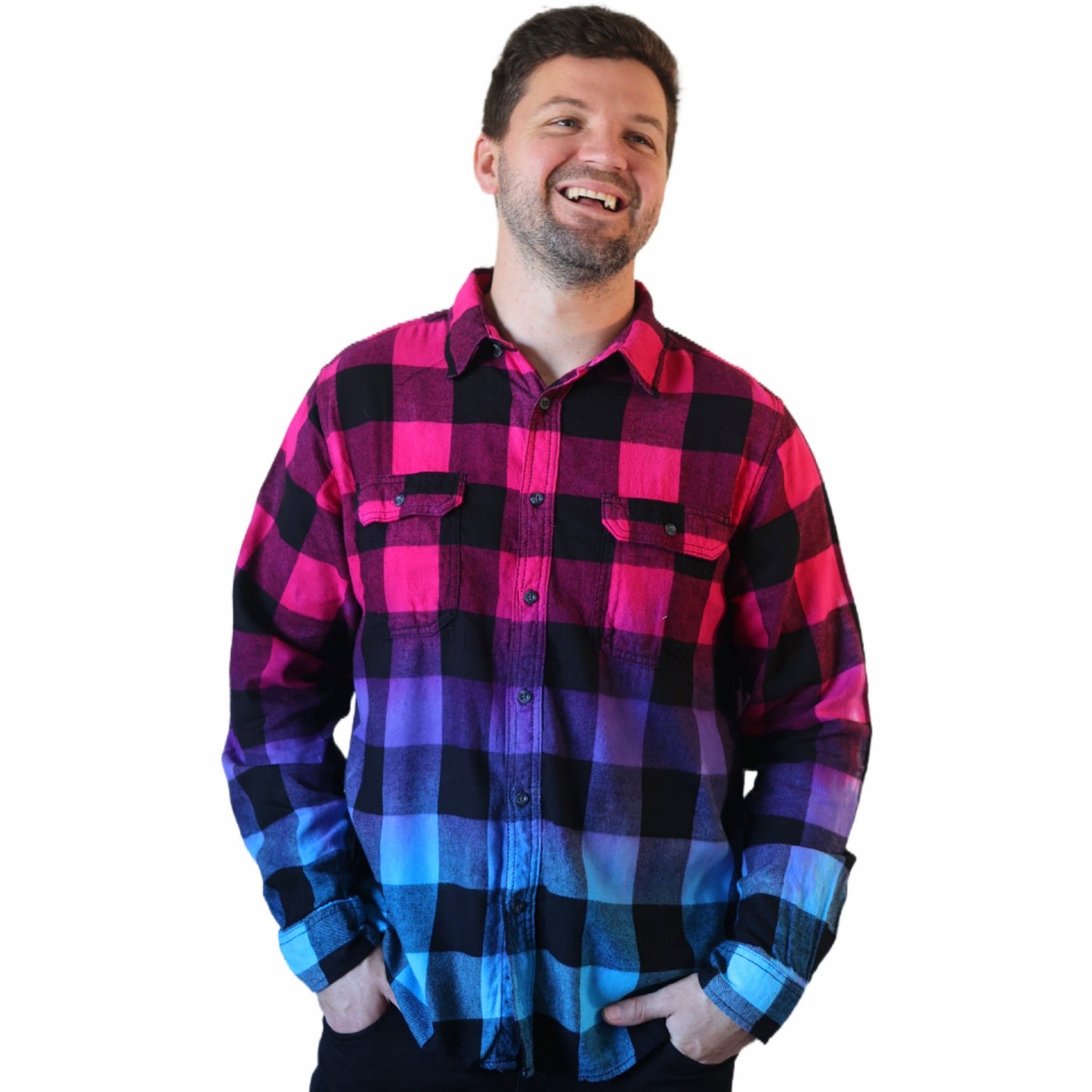 Men's Hot Pink Purple Blue Flannel - Custom Tie Dye Color Fuse Buffalo Plaid Shirt